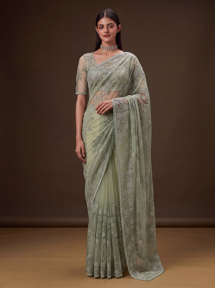 The Saanvi Sage Green Embroidered Net Saree