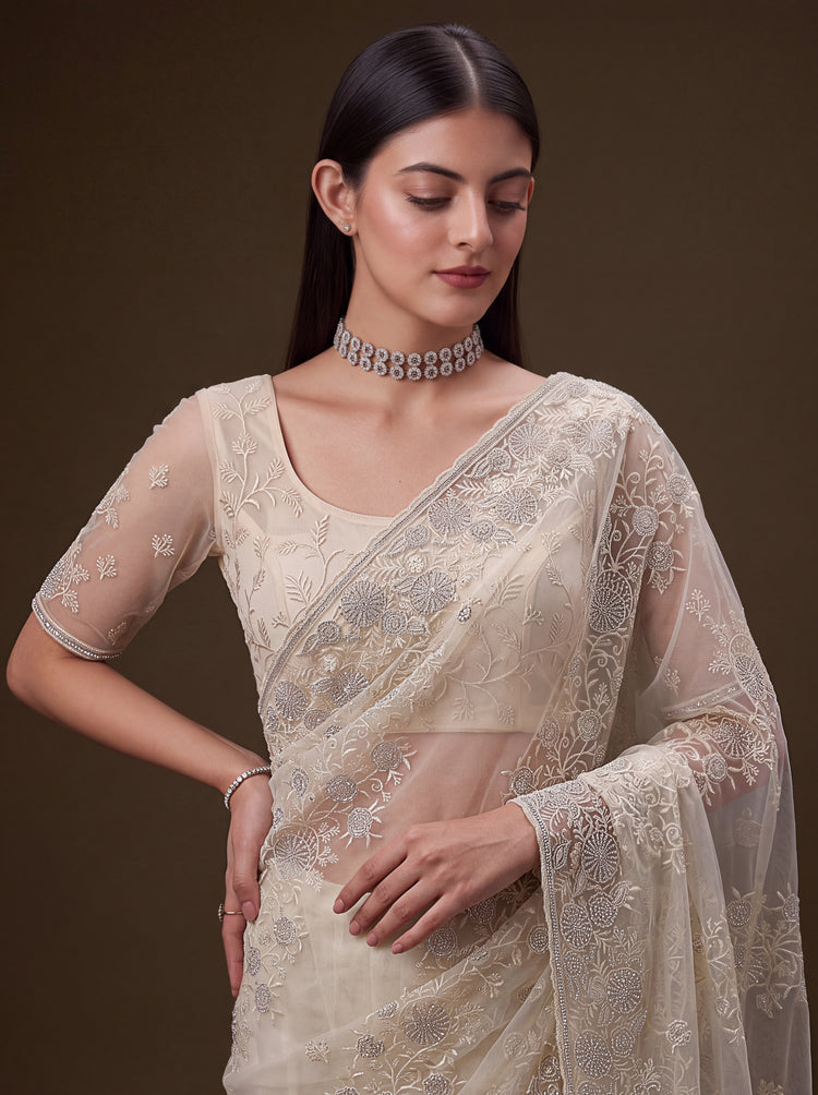 Aashvi Ivory Cream Net Saree with Blouse, photo 5