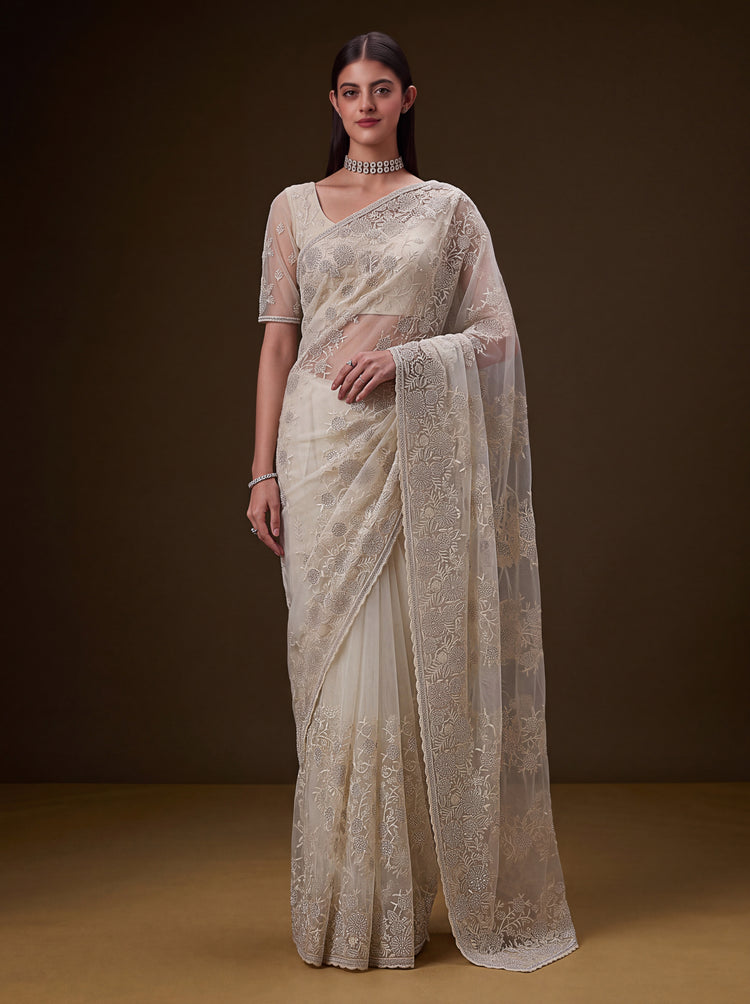 Aashvi Ivory Cream Net Saree with Blouse