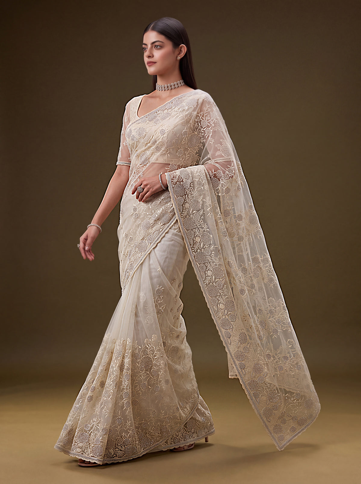 Aashvi Ivory Cream Net Saree with Blouse, photo 3