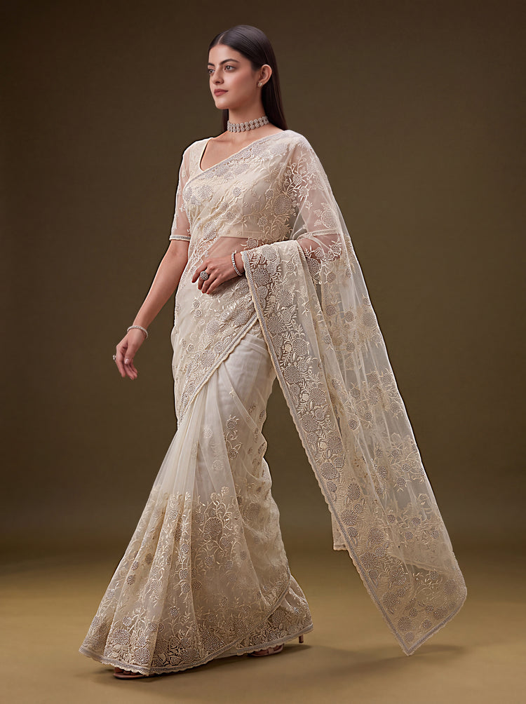 Aashvi Ivory Cream Net Saree with Blouse, photo 3