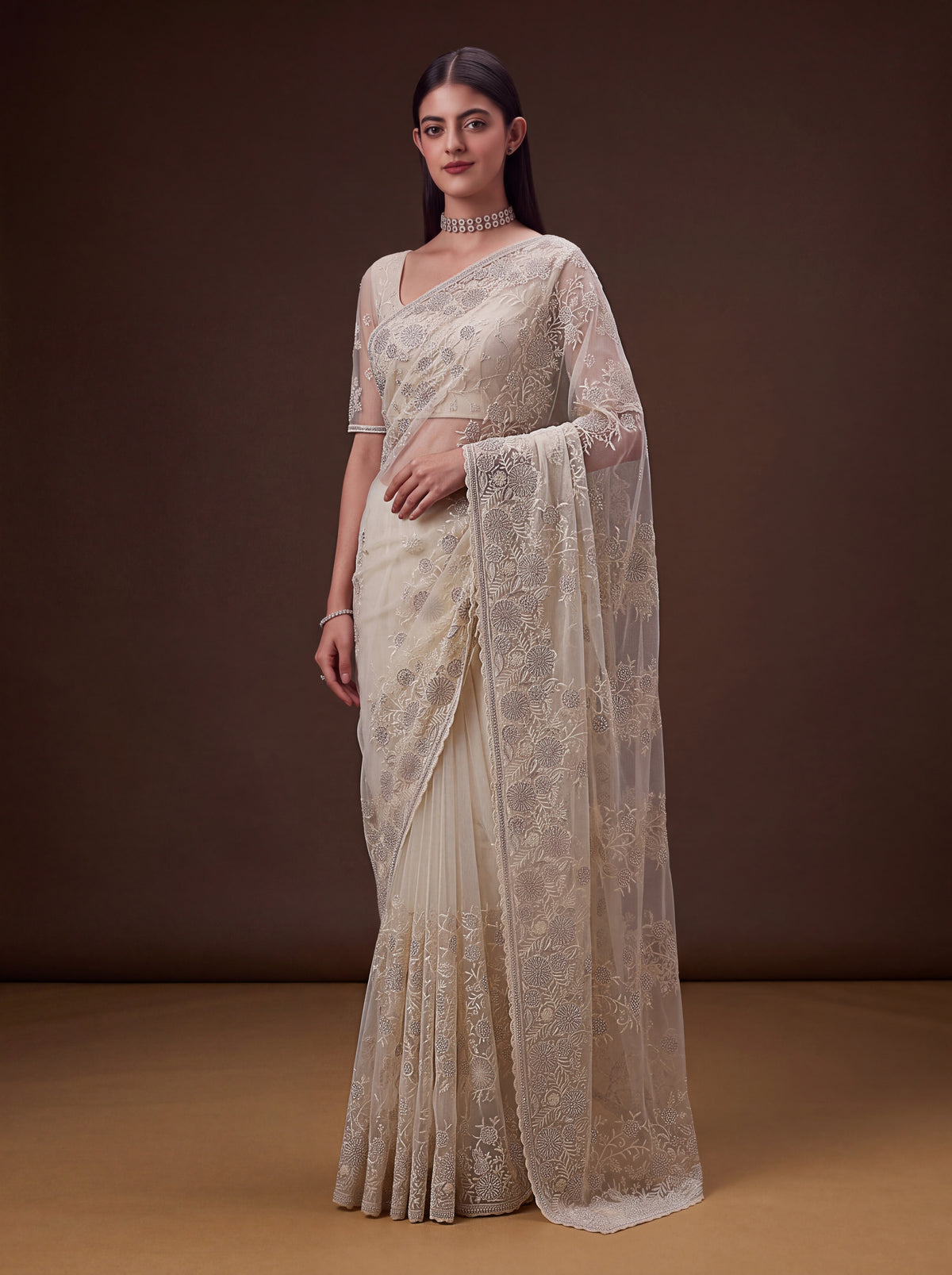 Aashvi Ivory Cream Net Saree with Blouse, photo 4