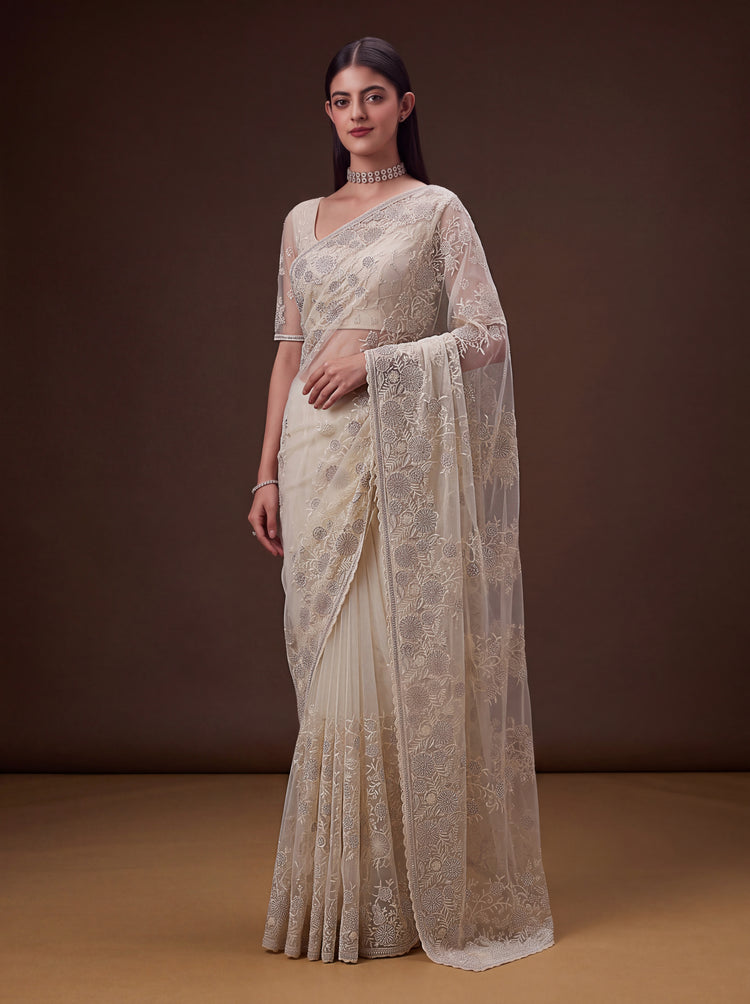 Aashvi Ivory Cream Net Saree with Blouse, photo 4