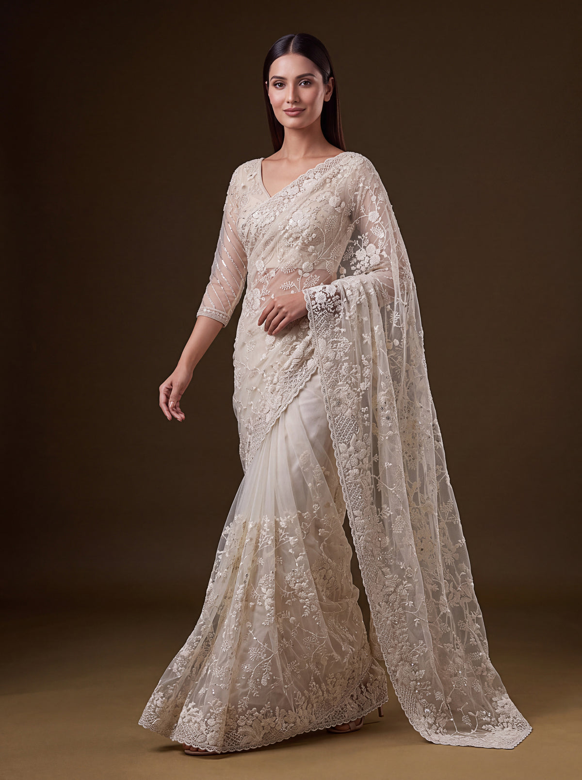 Ivory Cream Net Saree