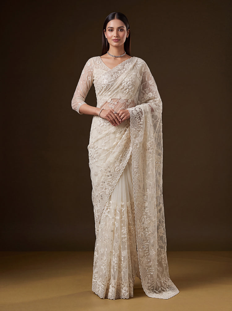 Ivory Cream Net Saree