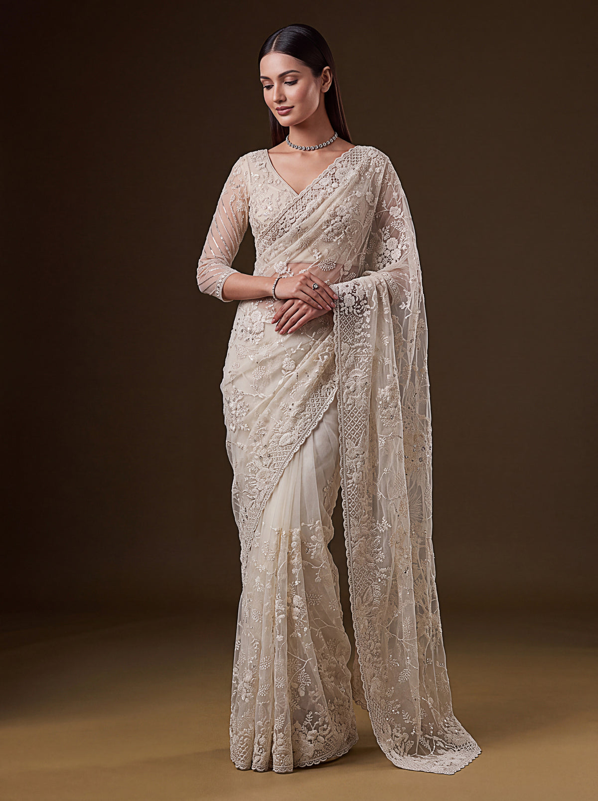 Ivory Cream Net Saree