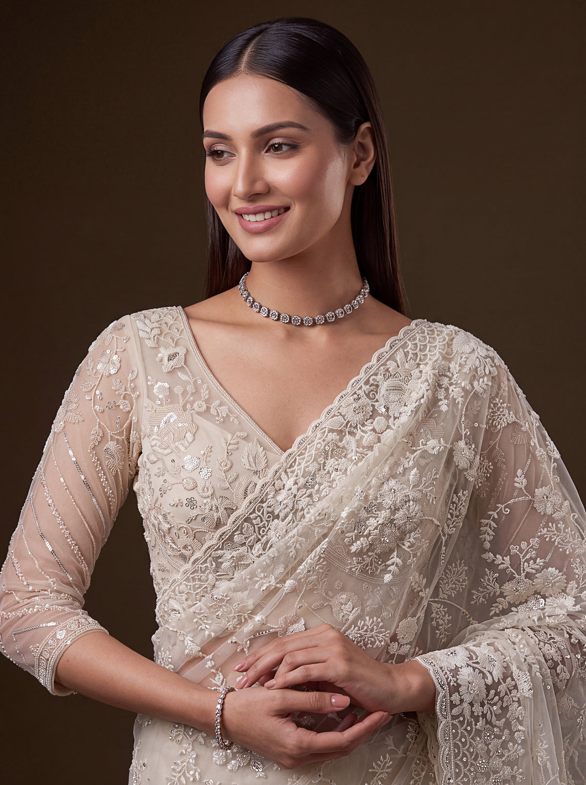 Ivory Cream Net Saree