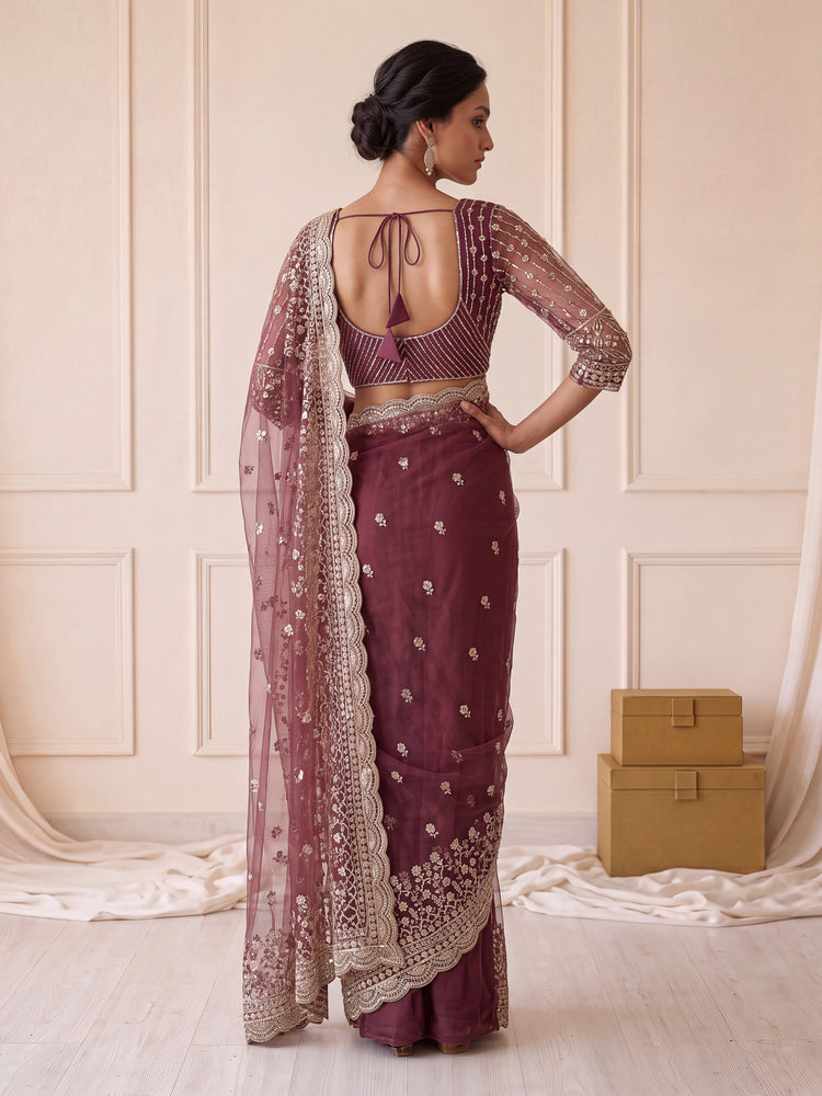 Wine Maroon Net Saree 