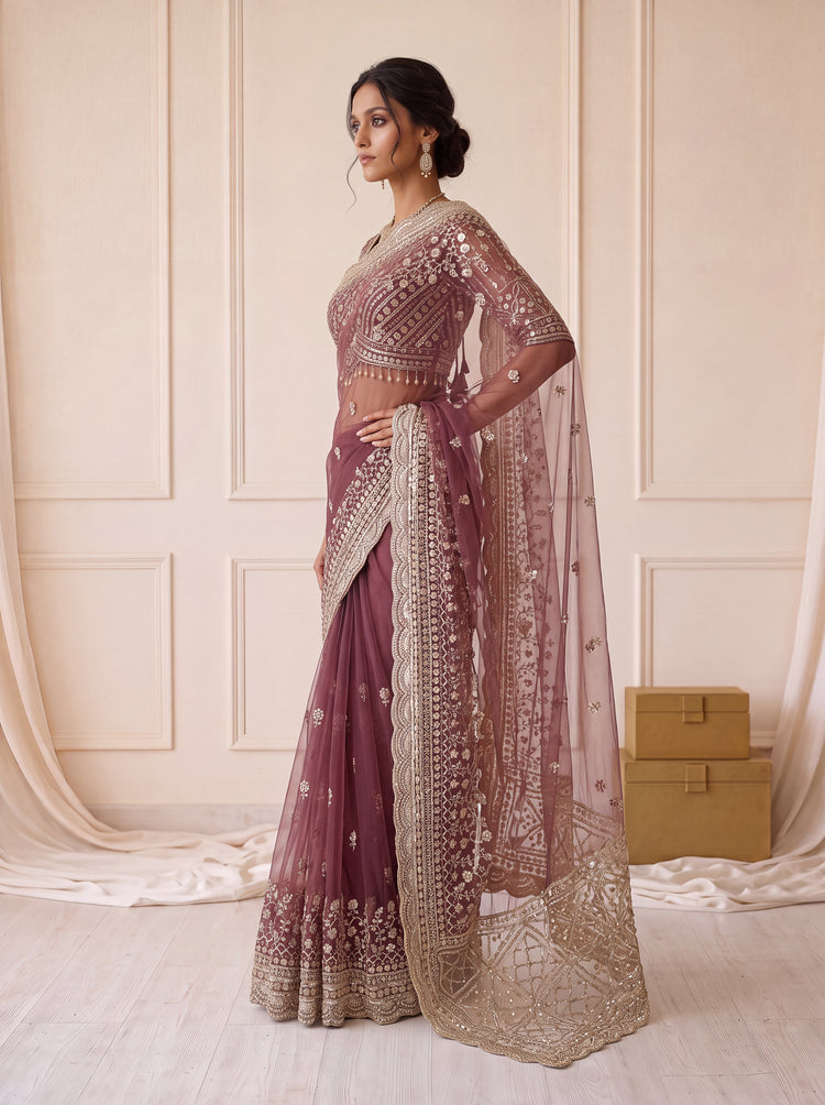 Wine Maroon Net Saree 