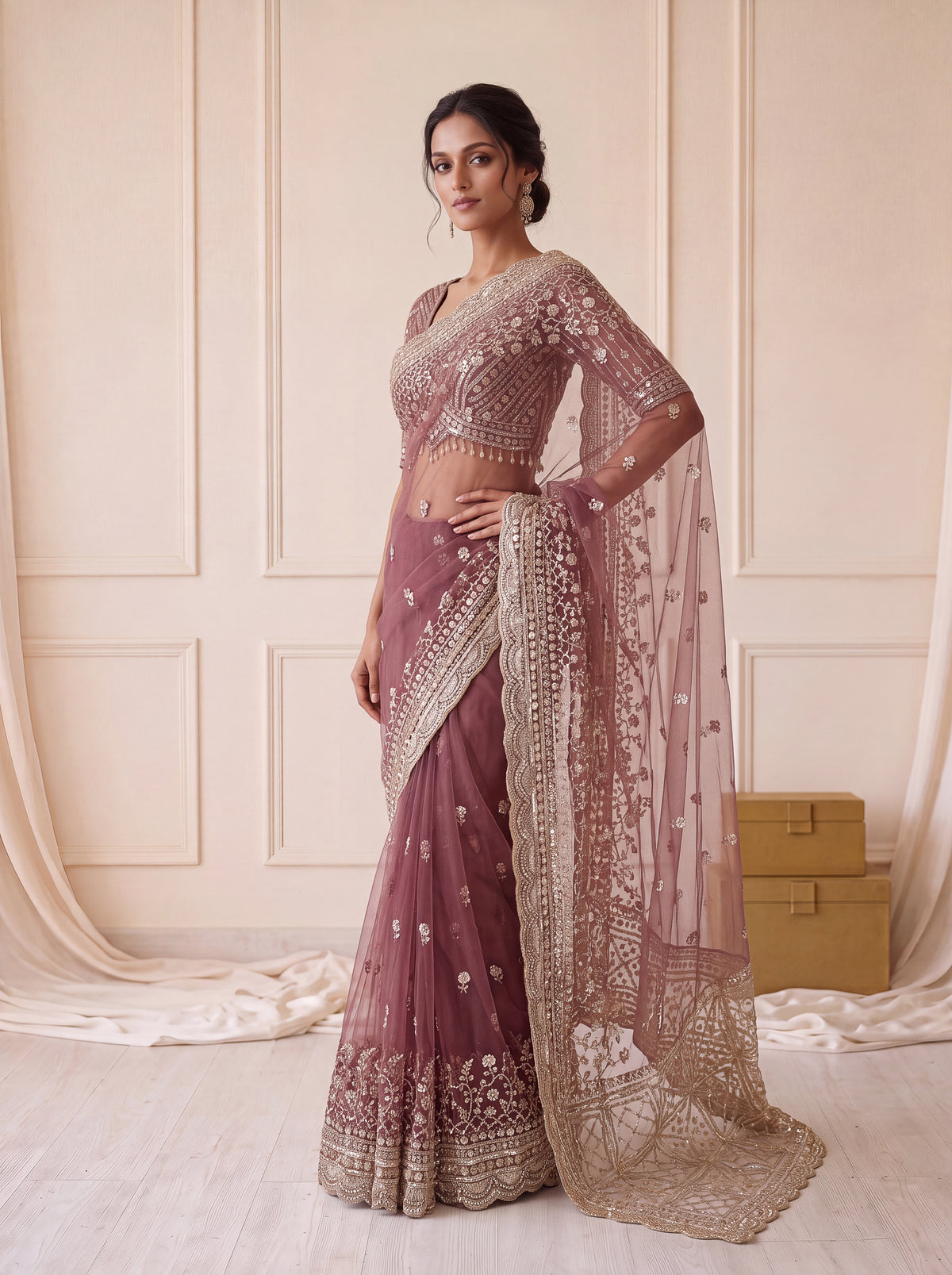 Wine Maroon Net Saree 