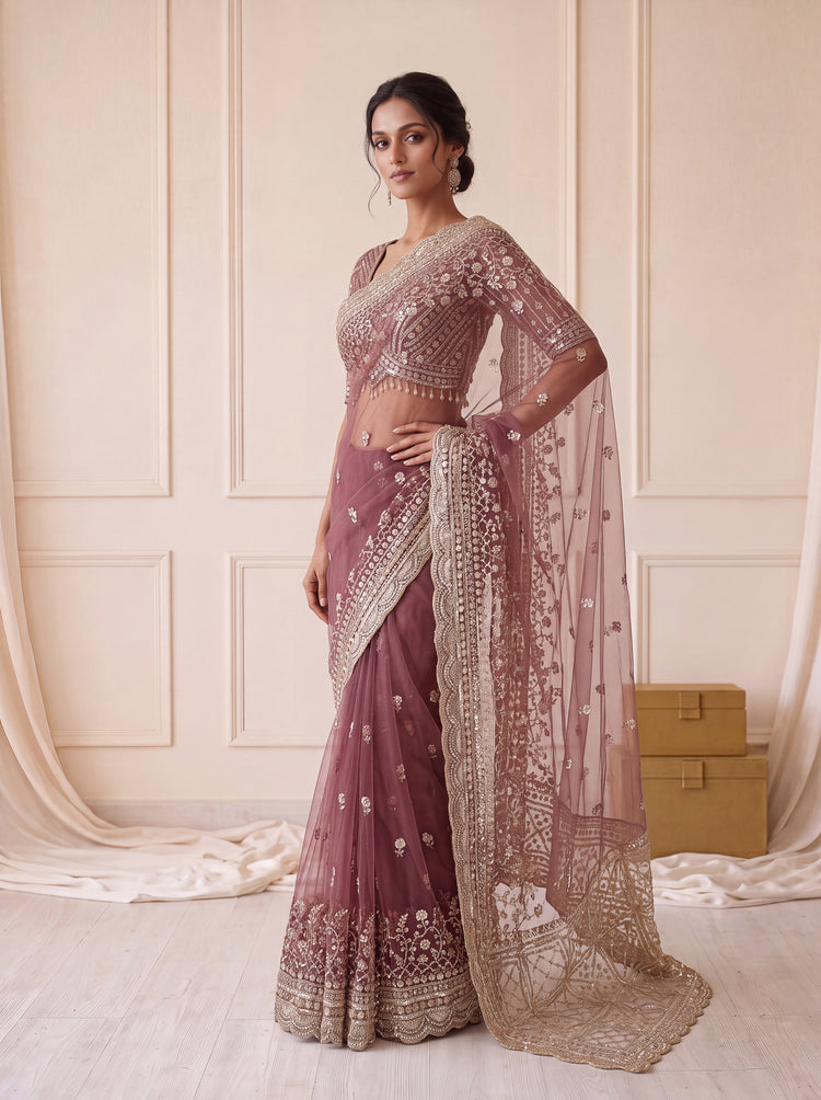 Wine Maroon Net Saree 