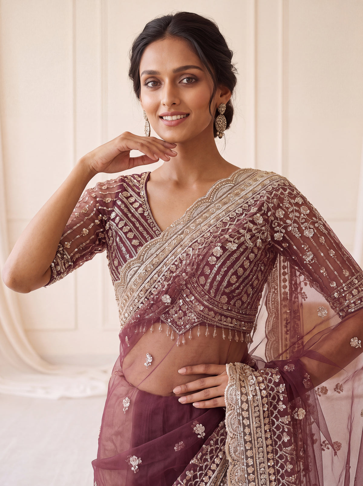 Wine Maroon Net Saree 