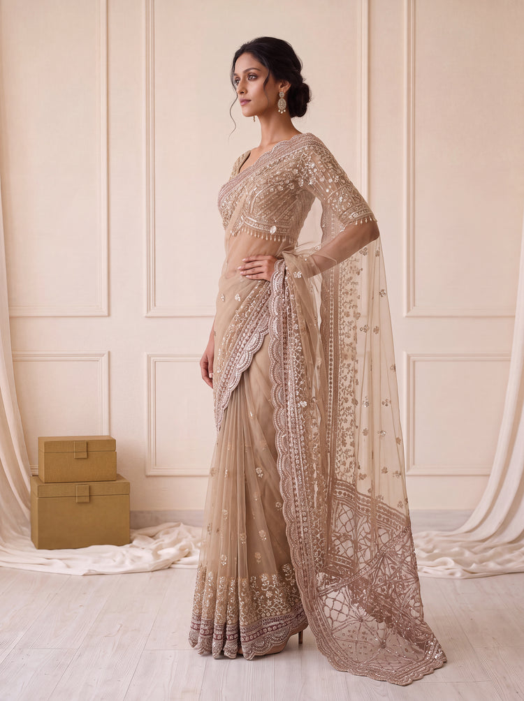 Champagne Beige Net Saree