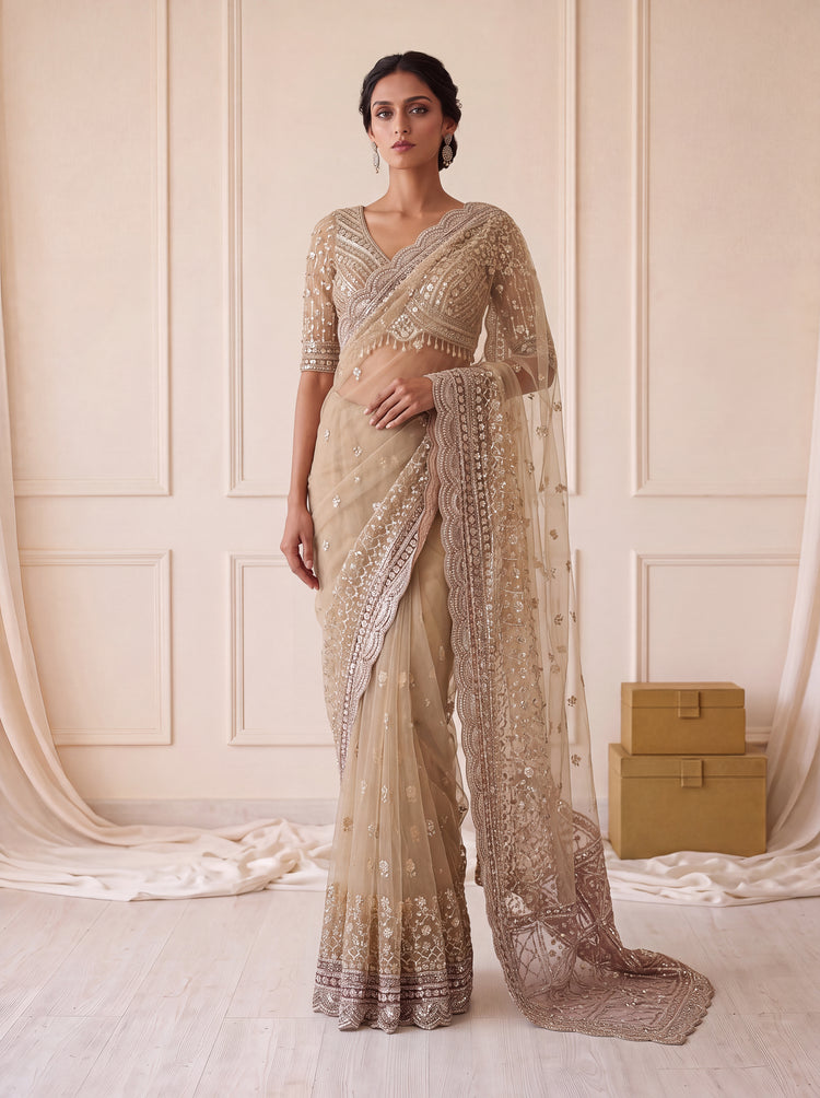 Champagne Beige Net Saree
