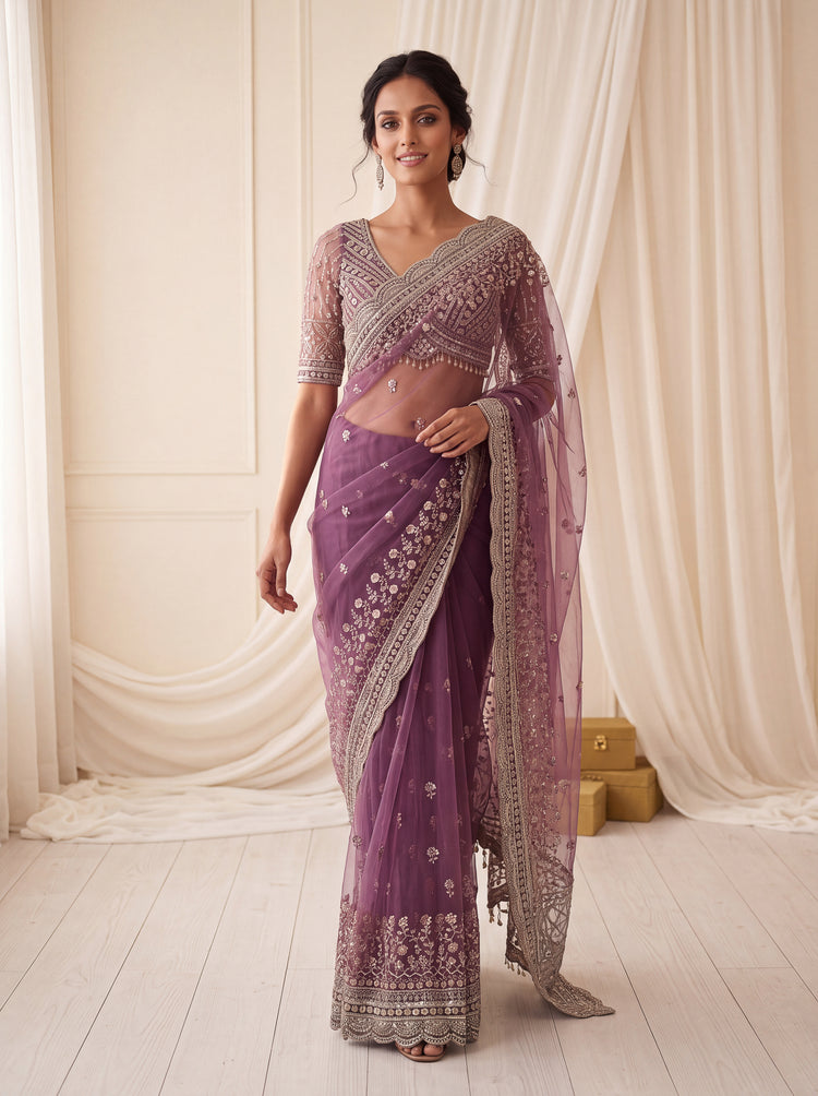 Mauve Purple Net Saree 