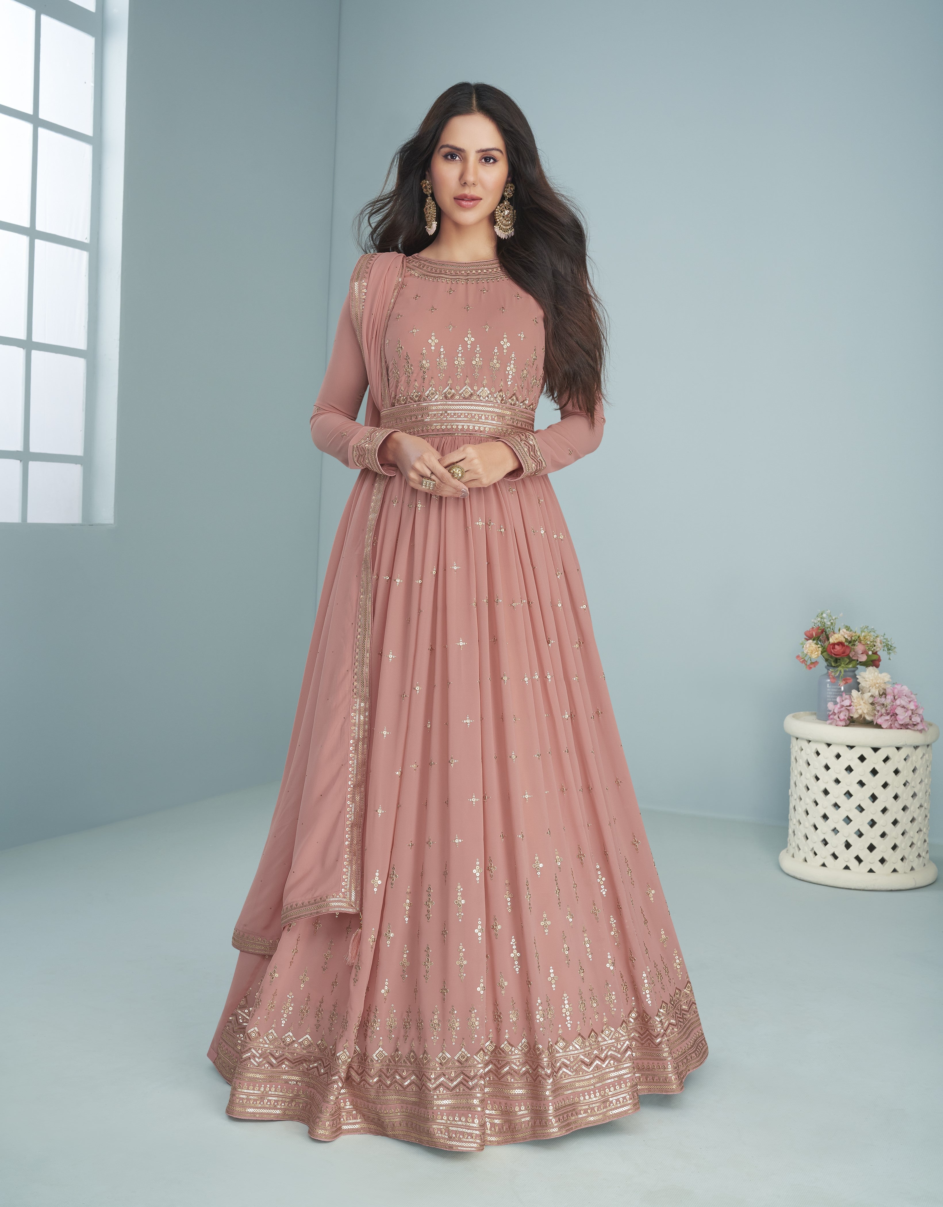 Lovely Gown of Real Georgette in Peach Colour  Ethnic Trendz
