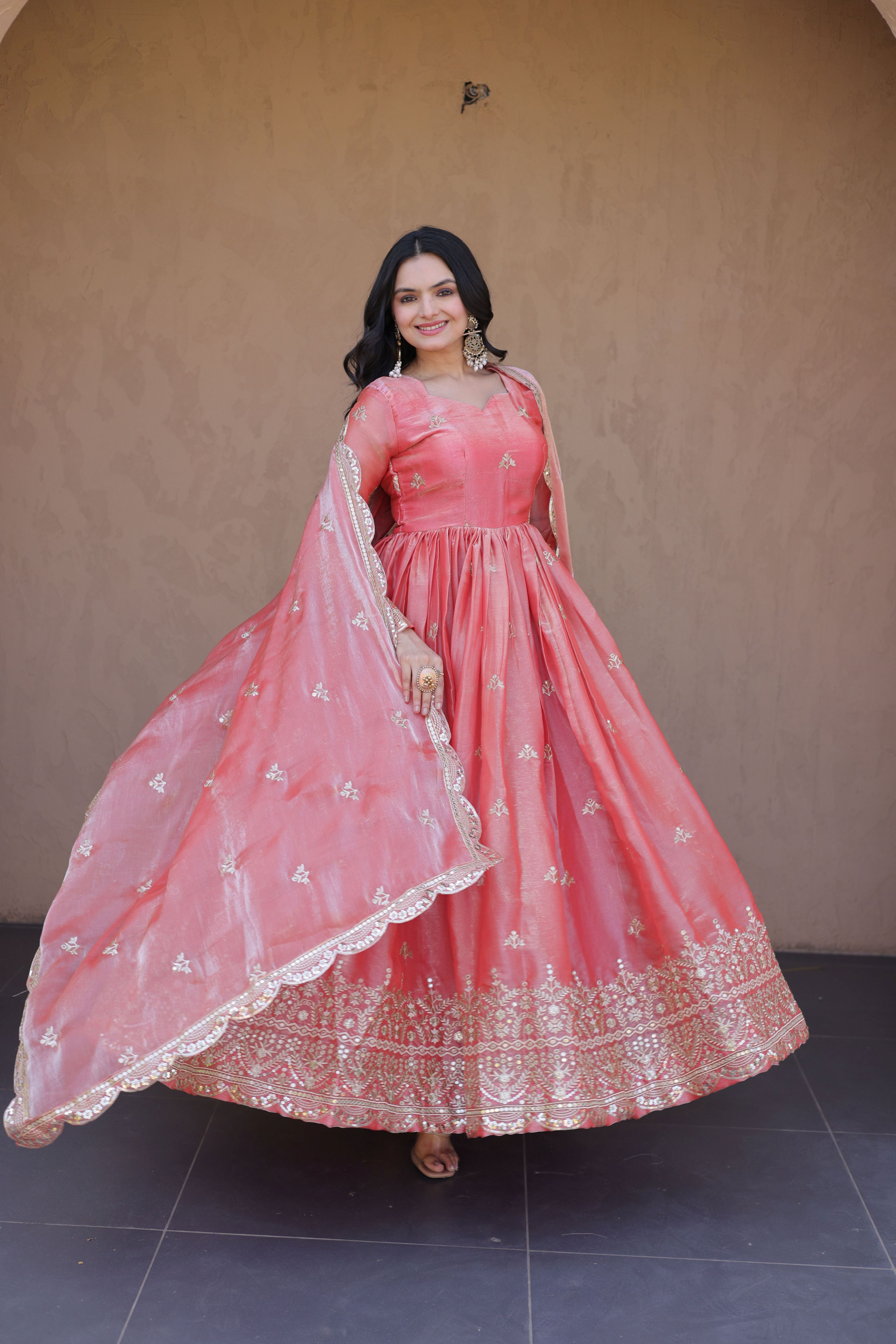 Women's Peach Embroidered Anarkali Gown Set with Dupatta | Festive & Wedding Wear