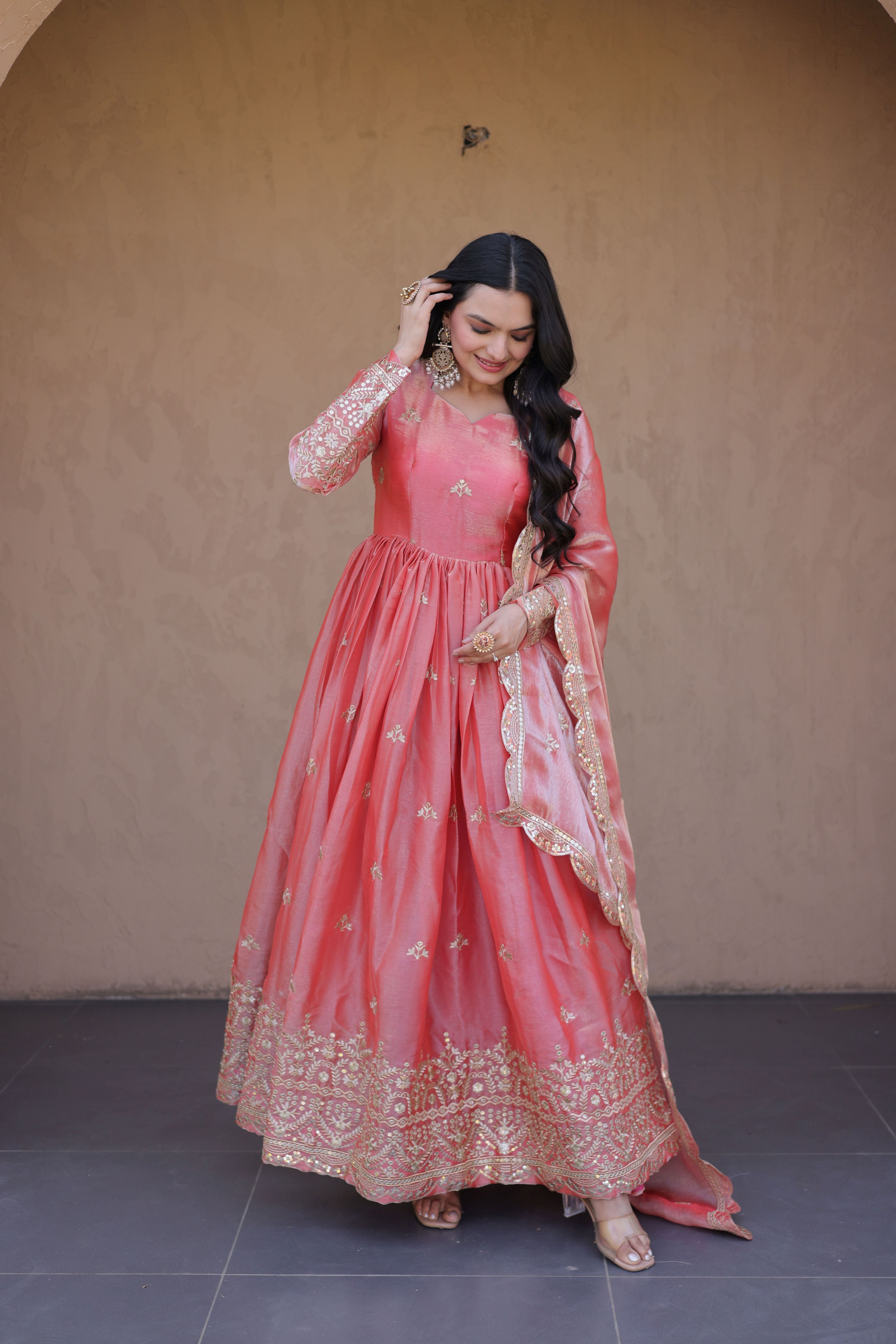 Women's Peach Embroidered Anarkali Gown Set with Dupatta | Festive & Wedding Wear