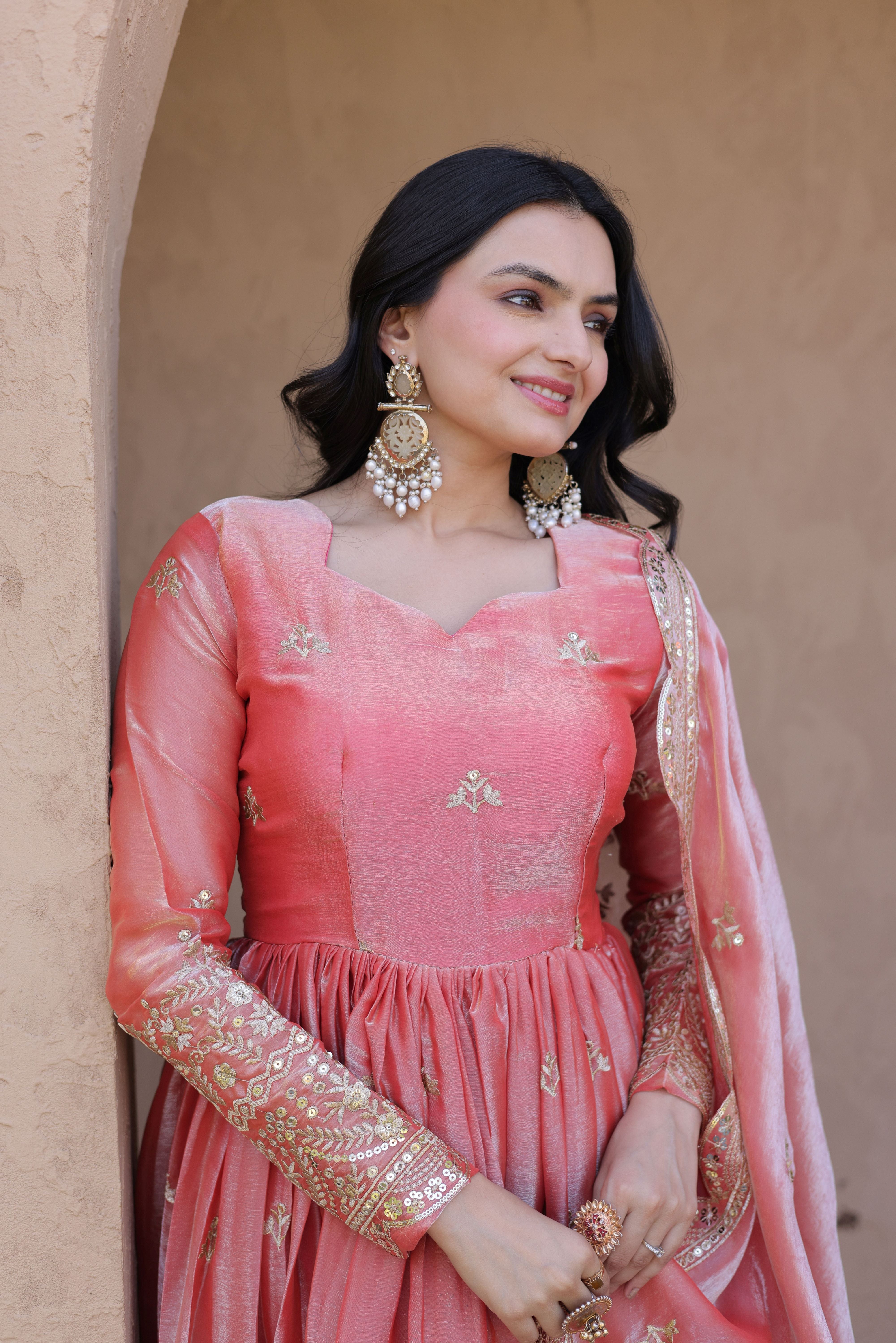 Women's Peach Embroidered Anarkali Gown Set with Dupatta | Festive & Wedding Wear