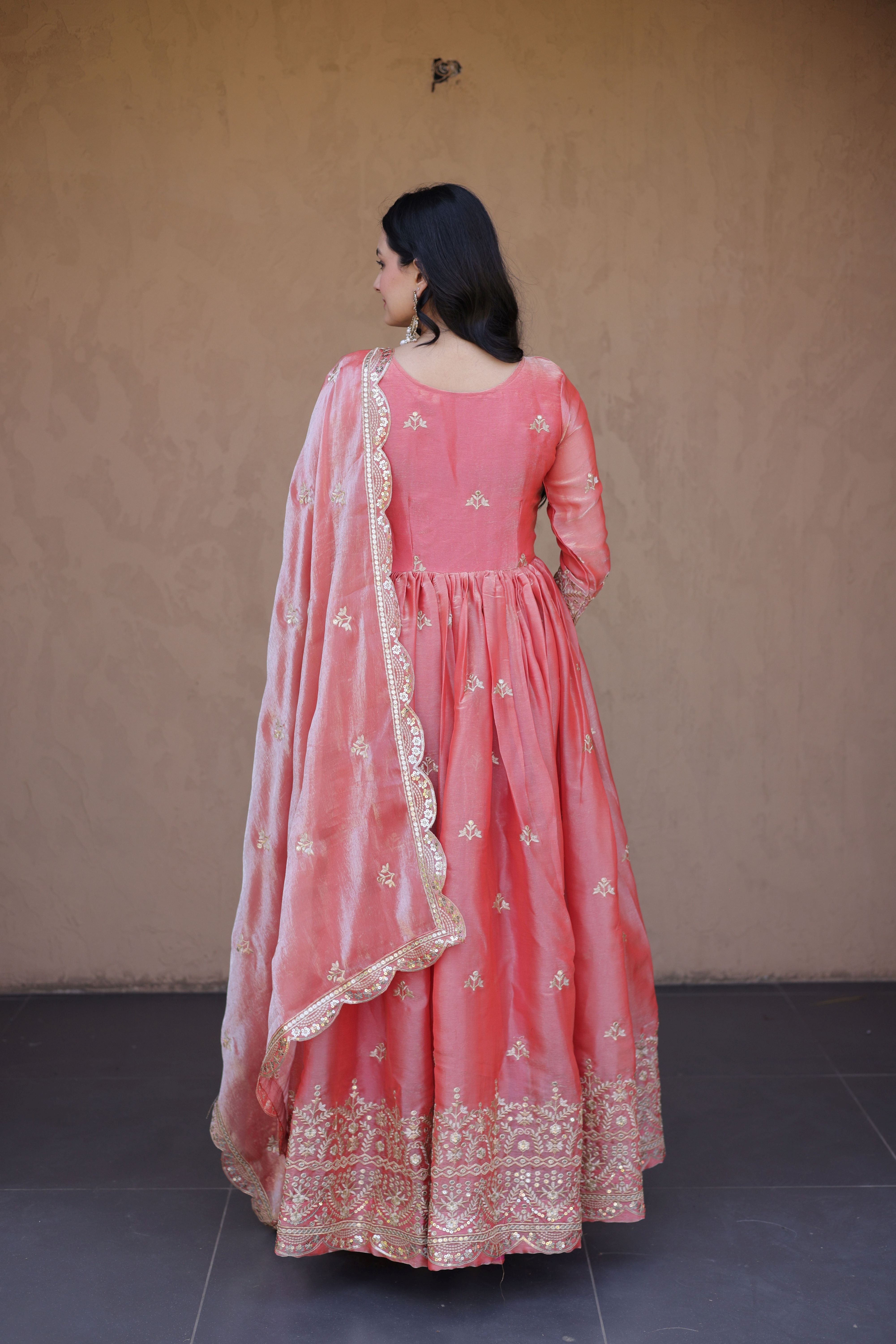 Women's Peach Embroidered Anarkali Gown Set with Dupatta | Festive & Wedding Wear