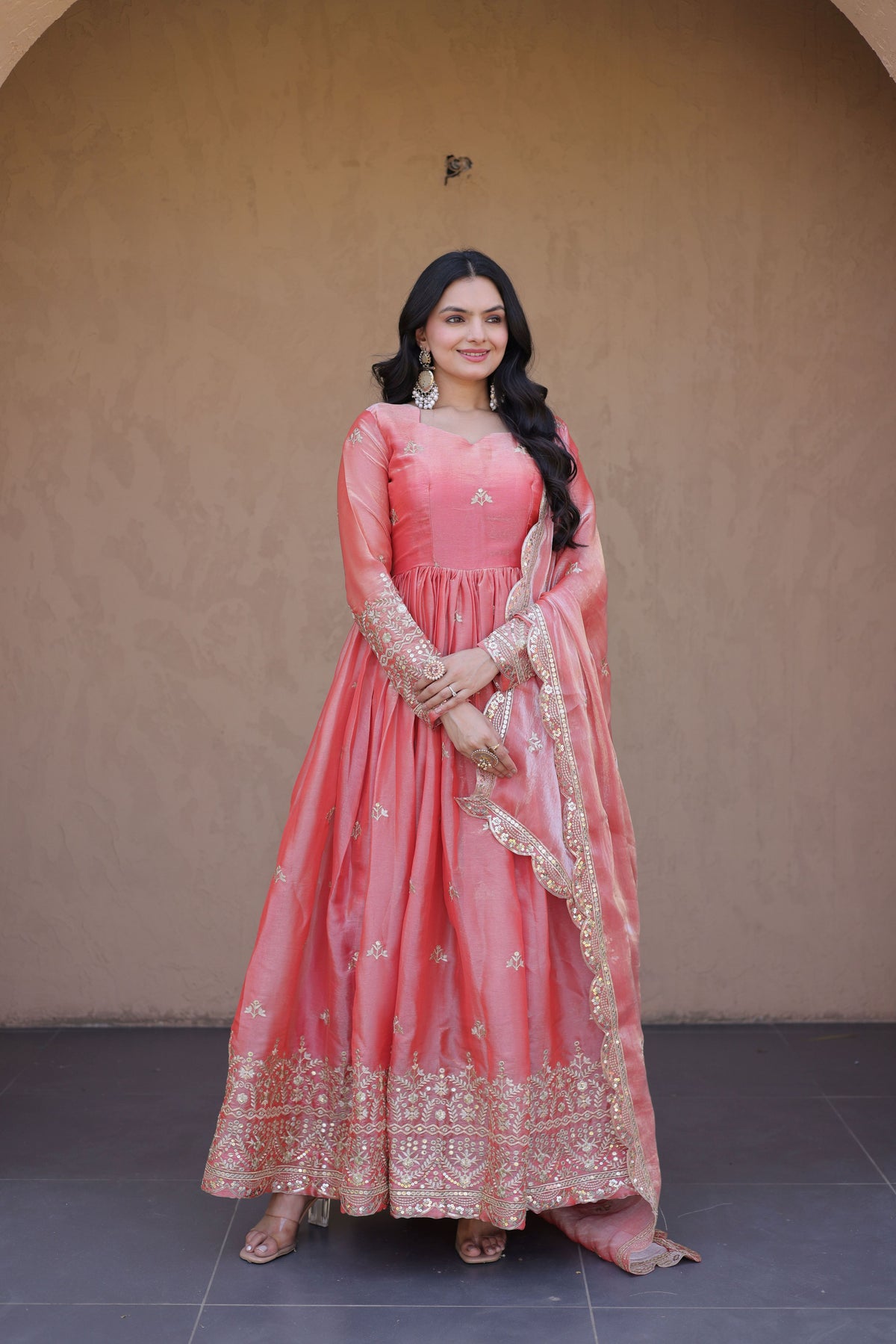 Women's Peach Embroidered Anarkali Gown Set with Dupatta | Festive & Wedding Wear