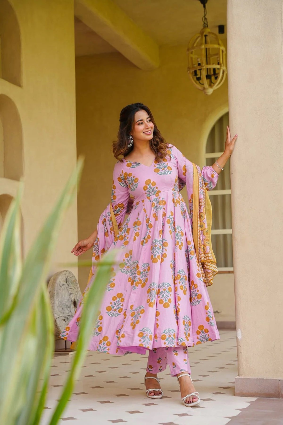 Women's Pink Cotton Silk Floral Digital Print Anarkali Suit Set with Dupatta