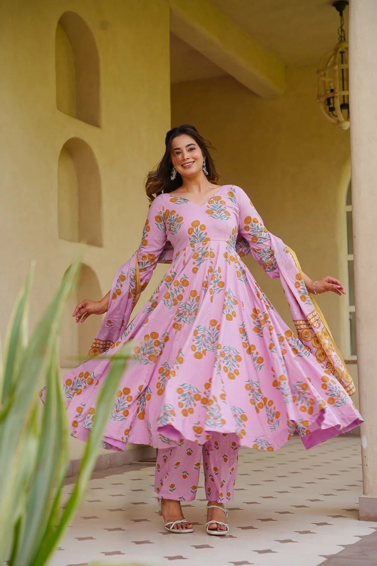 Women's Pink Cotton Silk Floral Digital Print Anarkali Suit Set with Dupatta