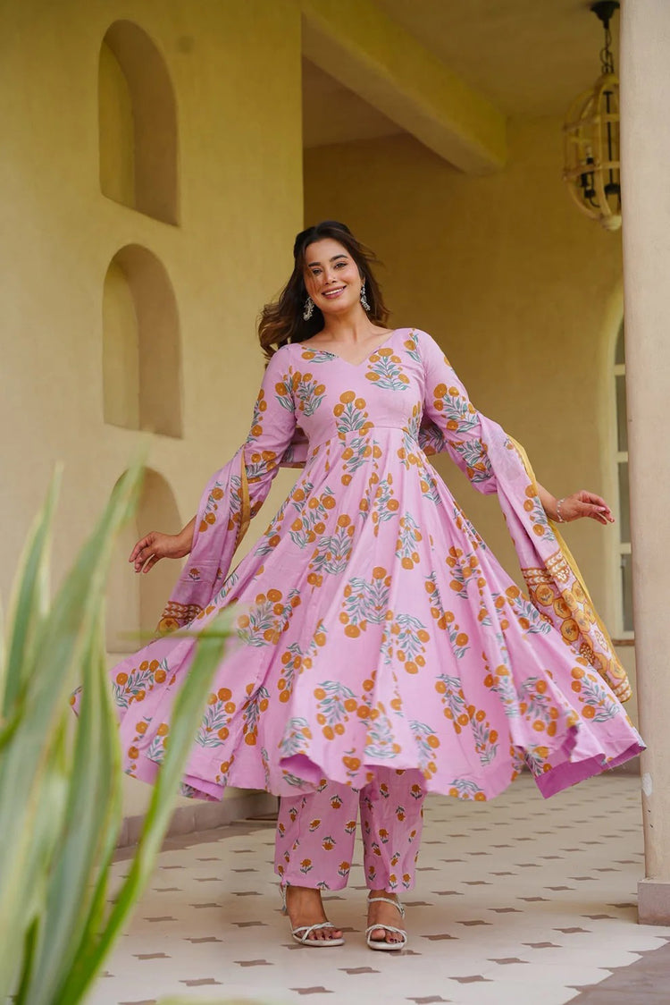 Pink Cotton Silk Floral Anarkali Suit Set with Dupatta, photo 2