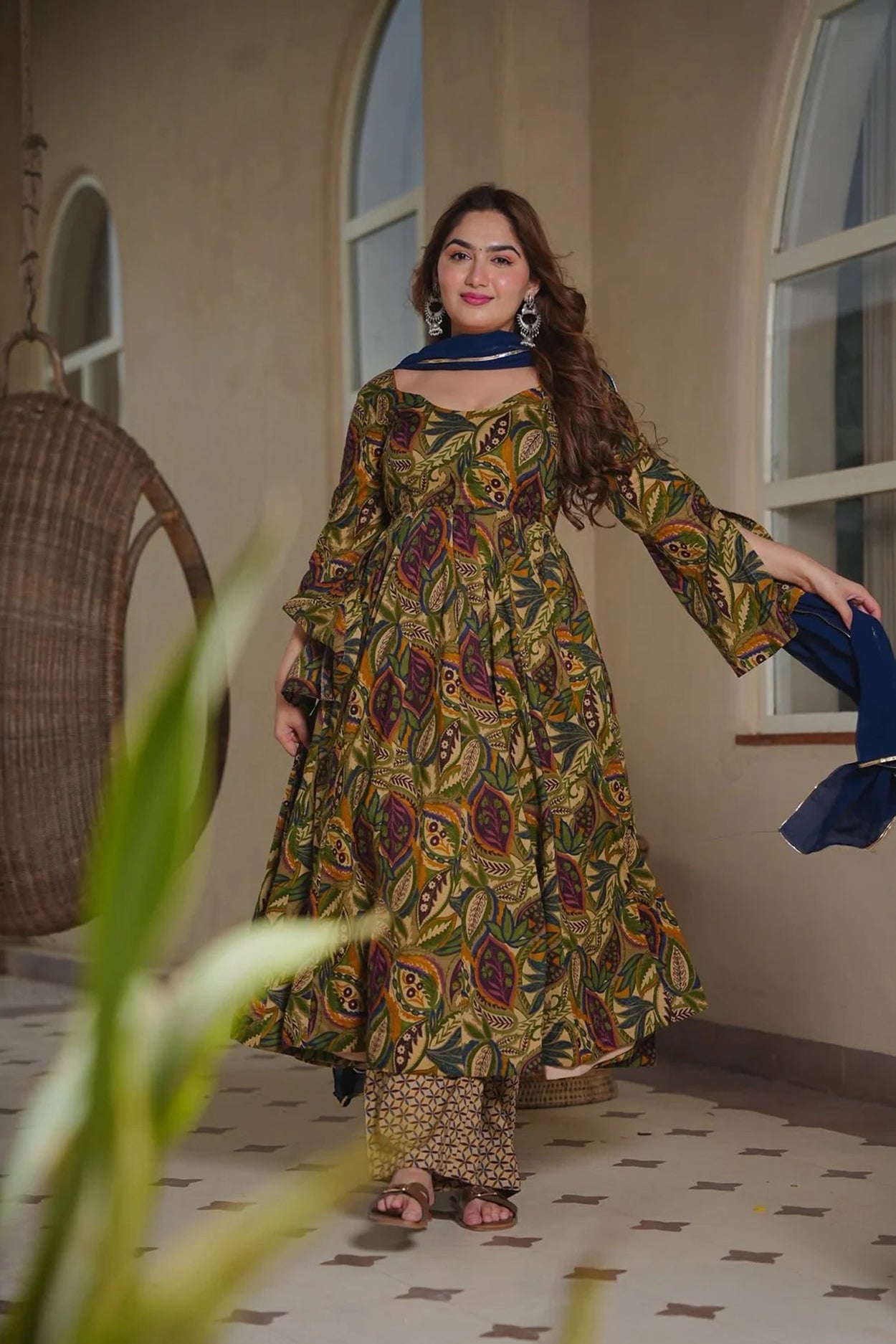 Women's Multy Cotton Silk Floral Digital Print Anarkali Suit Set with Dupatta