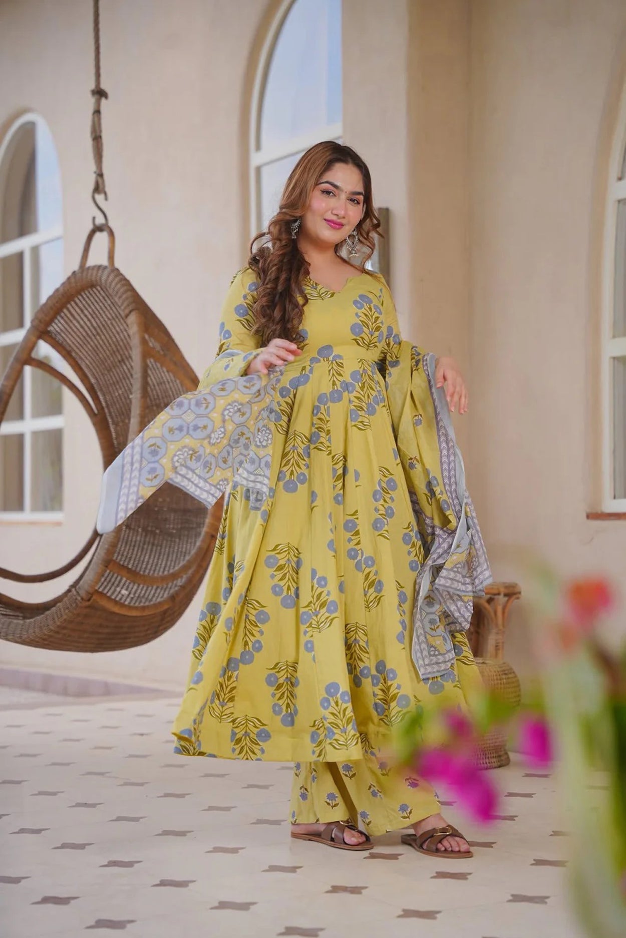 Women's Yellow Cotton Silk Floral Digital Print Anarkali Suit Set with Dupatta
