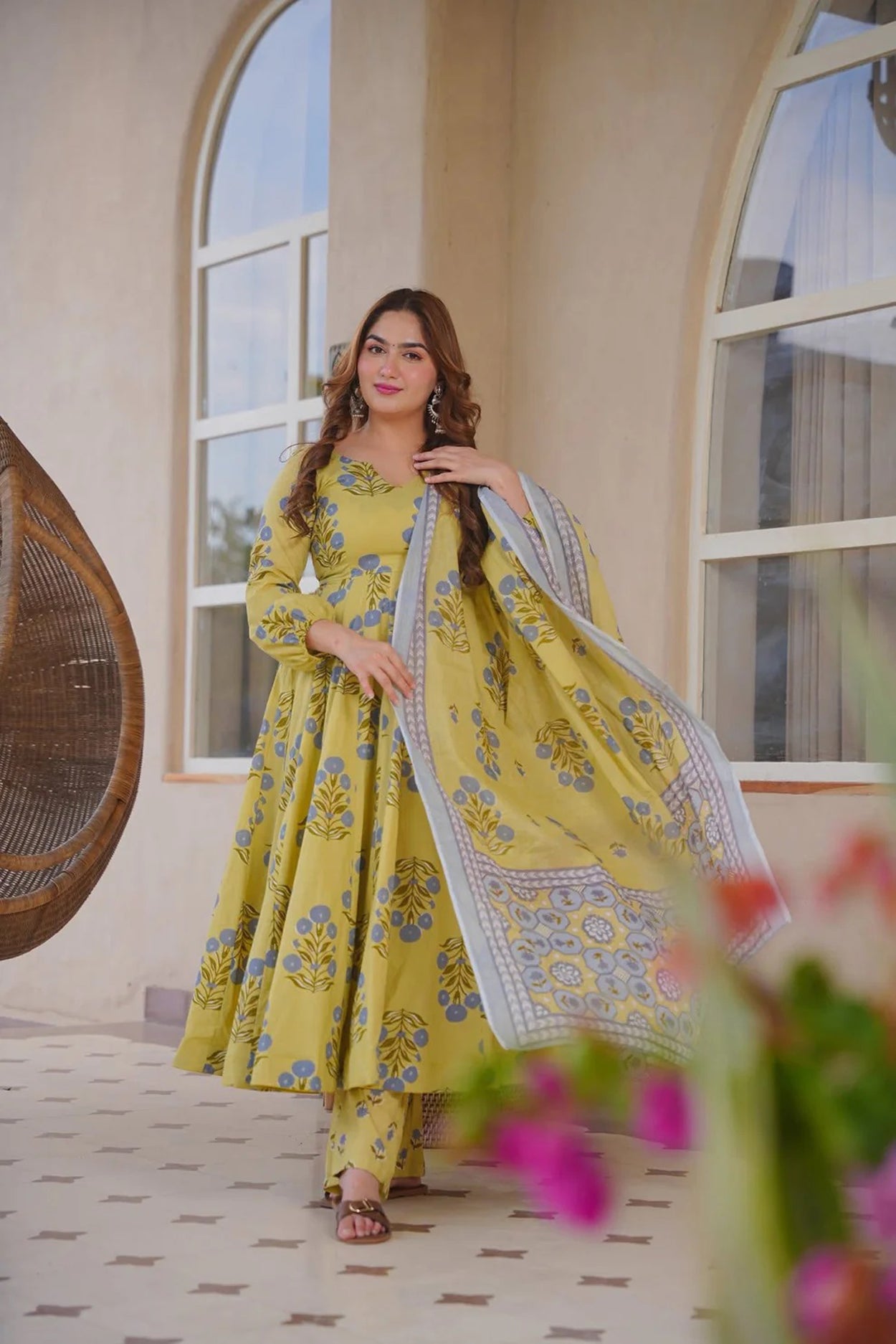 Women's Yellow Cotton Silk Floral Digital Print Anarkali Suit Set with Dupatta