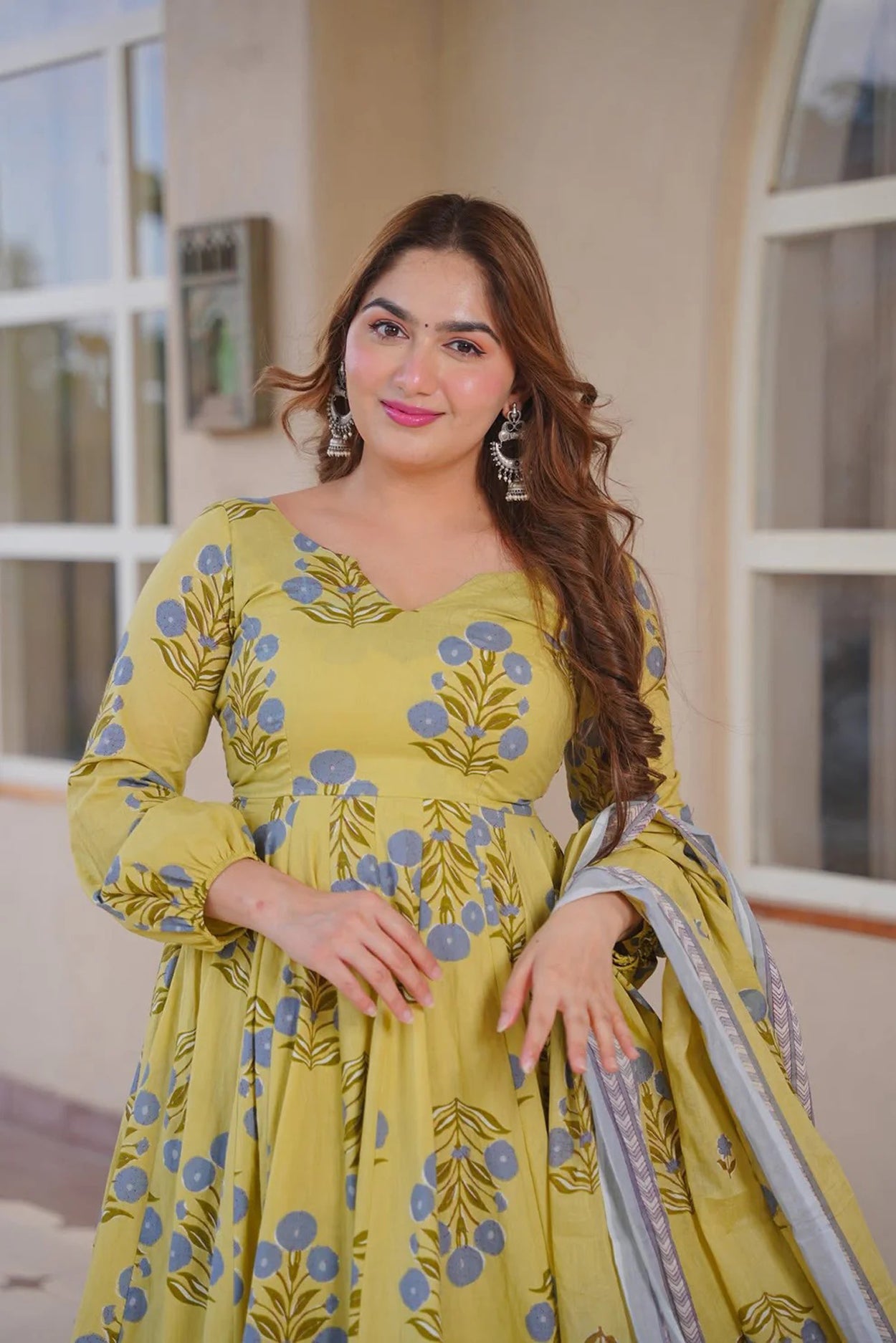 Women's Yellow Cotton Silk Floral Digital Print Anarkali Suit Set with Dupatta