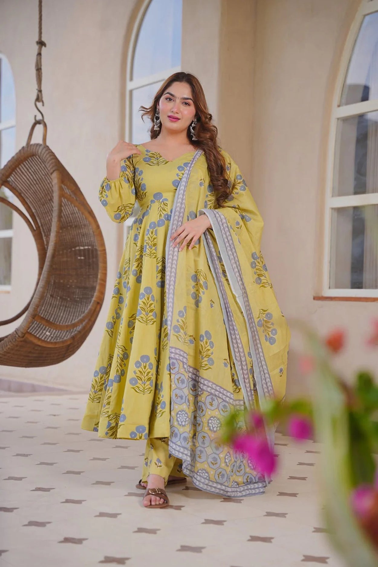 Women's Yellow Cotton Silk Floral Digital Print Anarkali Suit Set with Dupatta