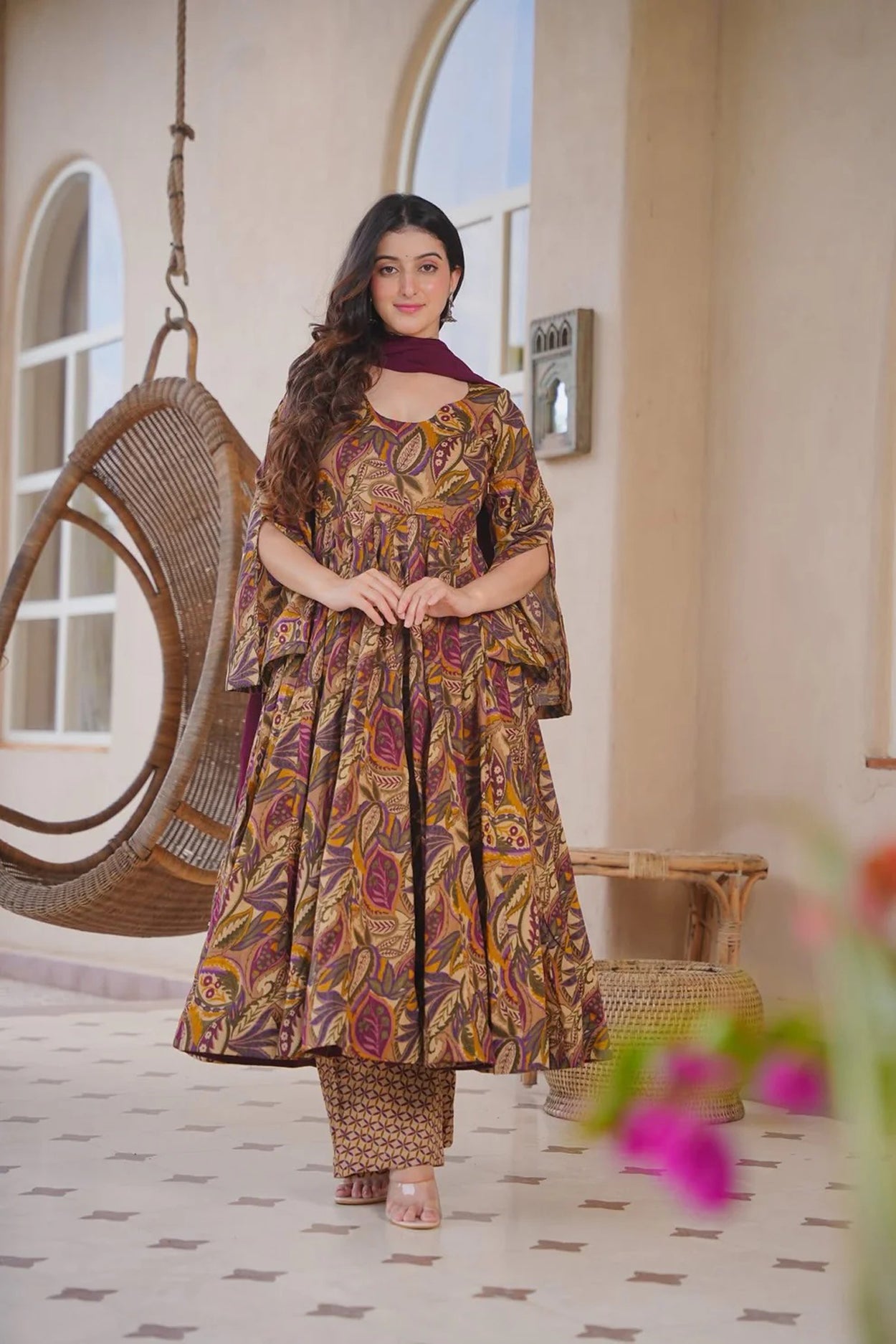 Women's Brown Cotton Silk Floral Digital Print Anarkali Suit Set with Dupatta