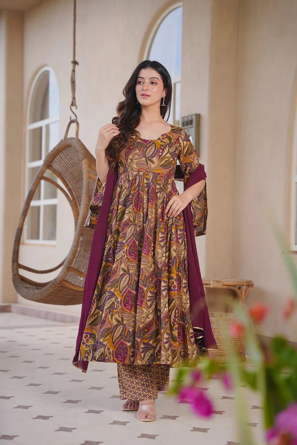 Women's Brown Cotton Silk Floral Digital Print Anarkali Suit Set with Dupatta