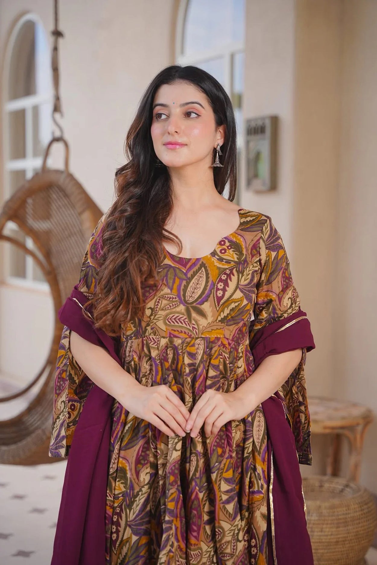 Women's Brown Cotton Silk Floral Digital Print Anarkali Suit Set with Dupatta