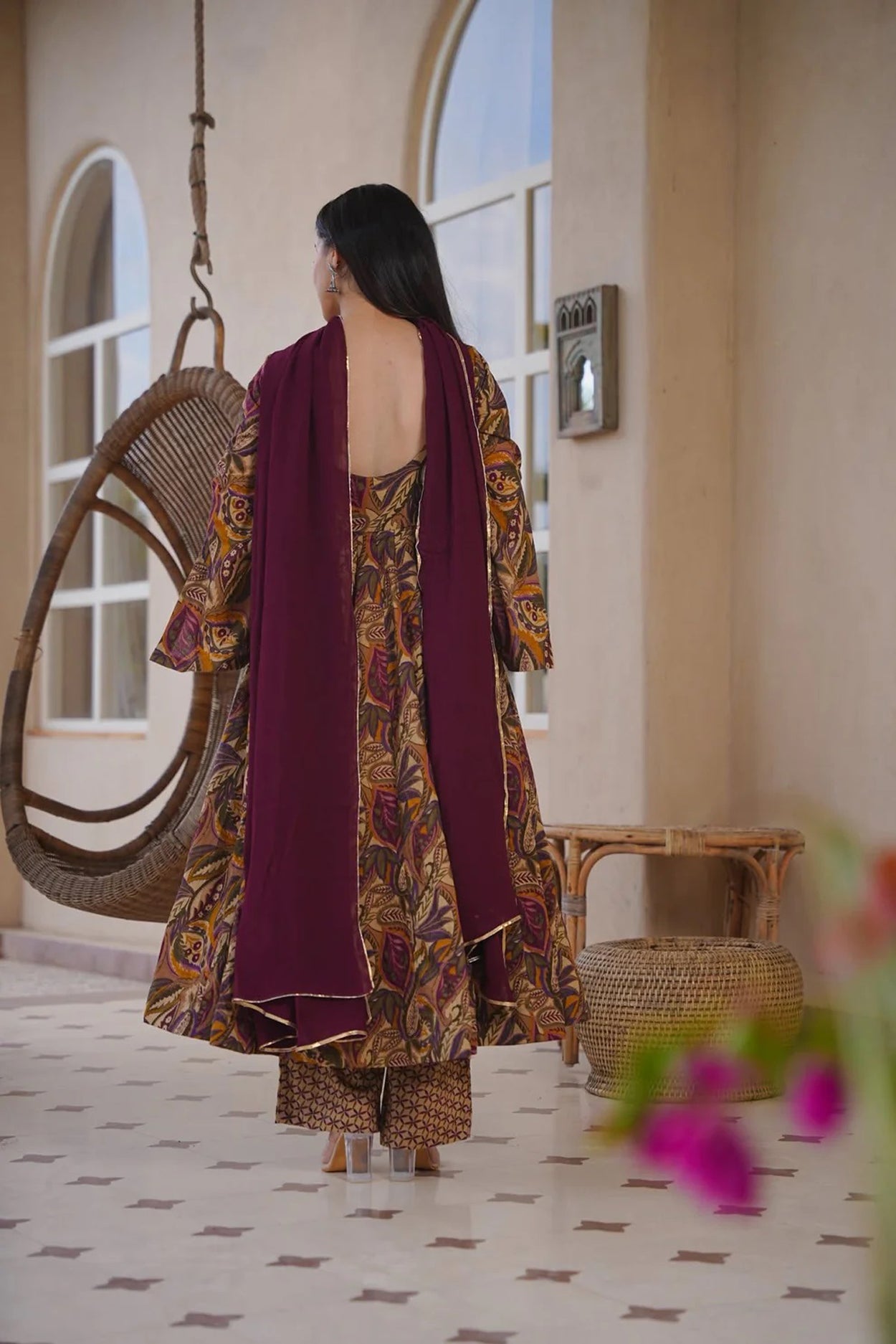 Women's Brown Cotton Silk Floral Digital Print Anarkali Suit Set with Dupatta