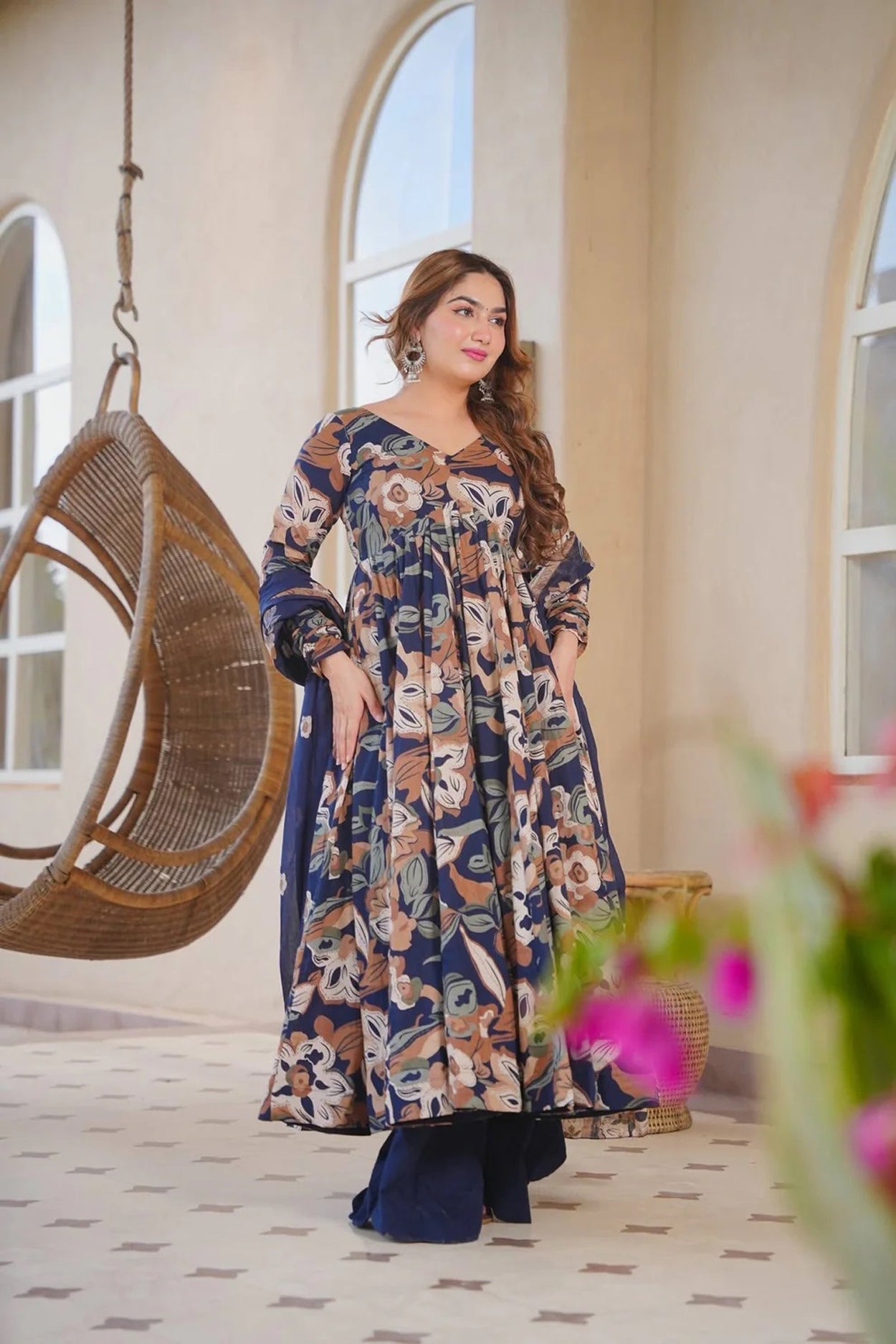Women's Blue Cotton Silk Floral Digital Print Anarkali Suit Set with Dupatta