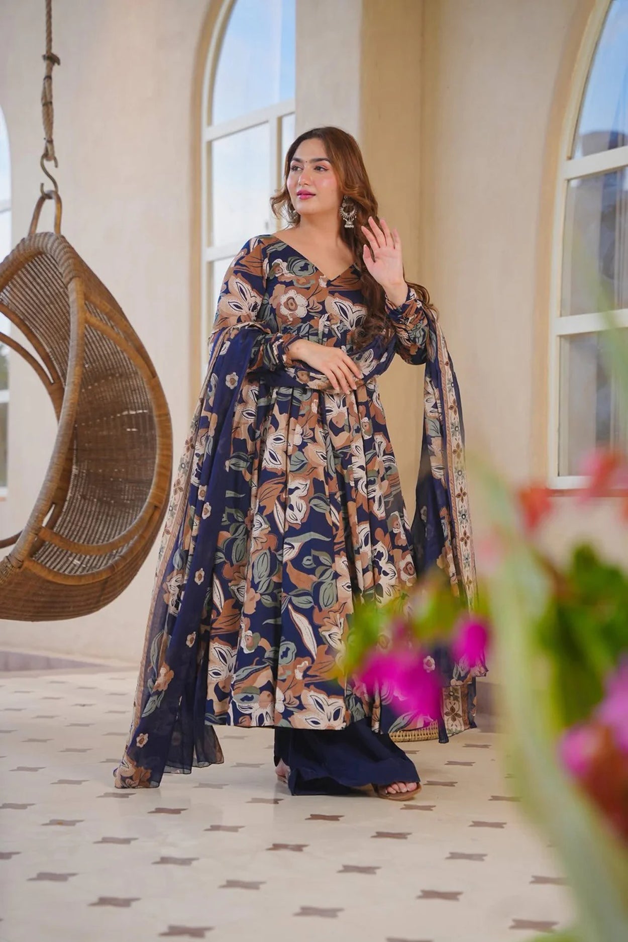 Women's Blue Cotton Silk Floral Digital Print Anarkali Suit Set with Dupatta