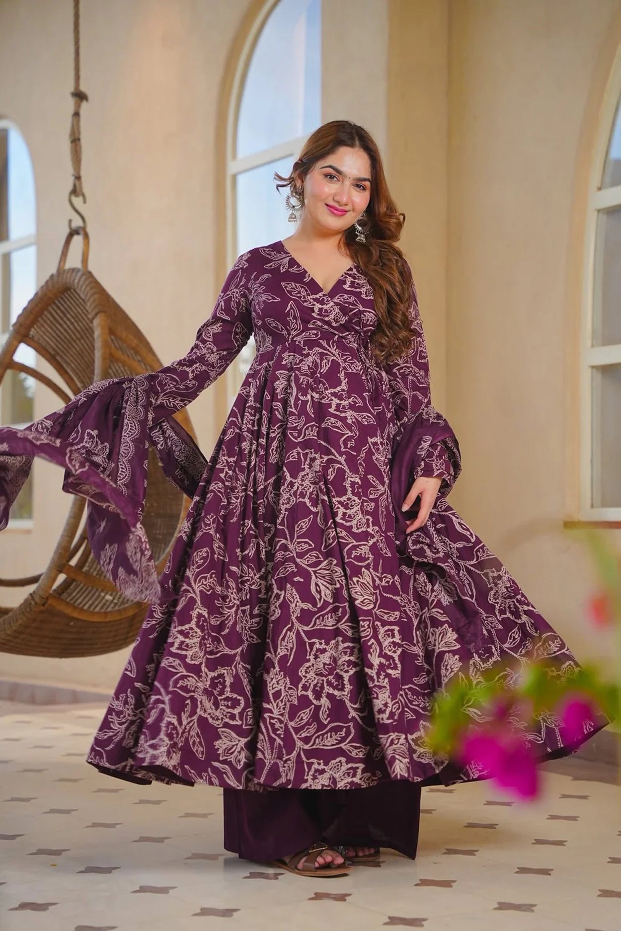 Women's Purple Cotton Silk Floral Digital Print Anarkali Suit Set with Dupatta