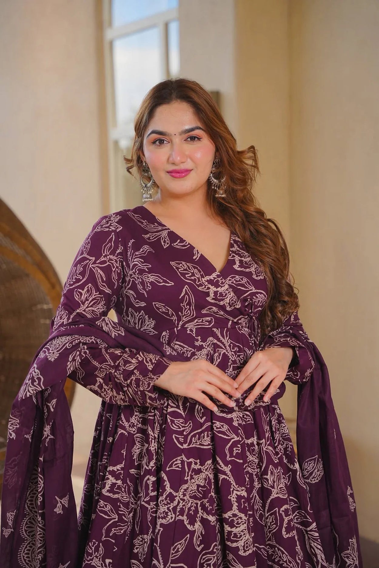 Women's Purple Cotton Silk Floral Digital Print Anarkali Suit Set with Dupatta