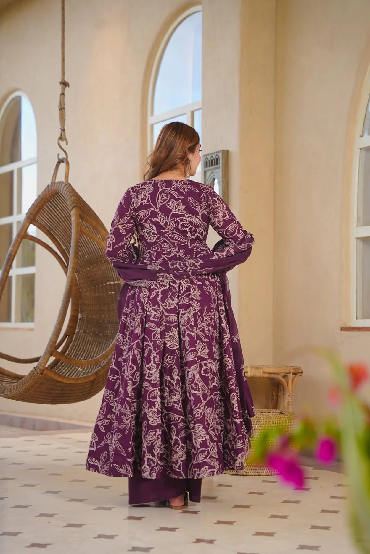 Women's Purple Cotton Silk Floral Digital Print Anarkali Suit Set with Dupatta