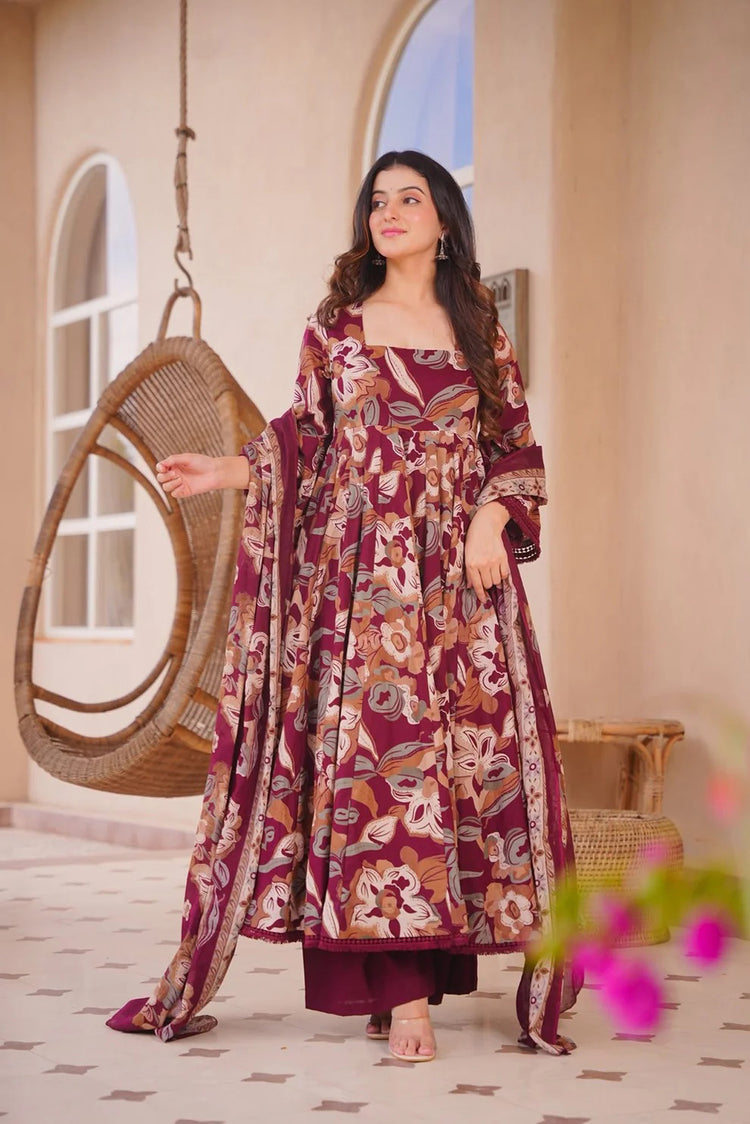 Maroon Cotton Silk Floral Anarkali Suit Set with Dupatta