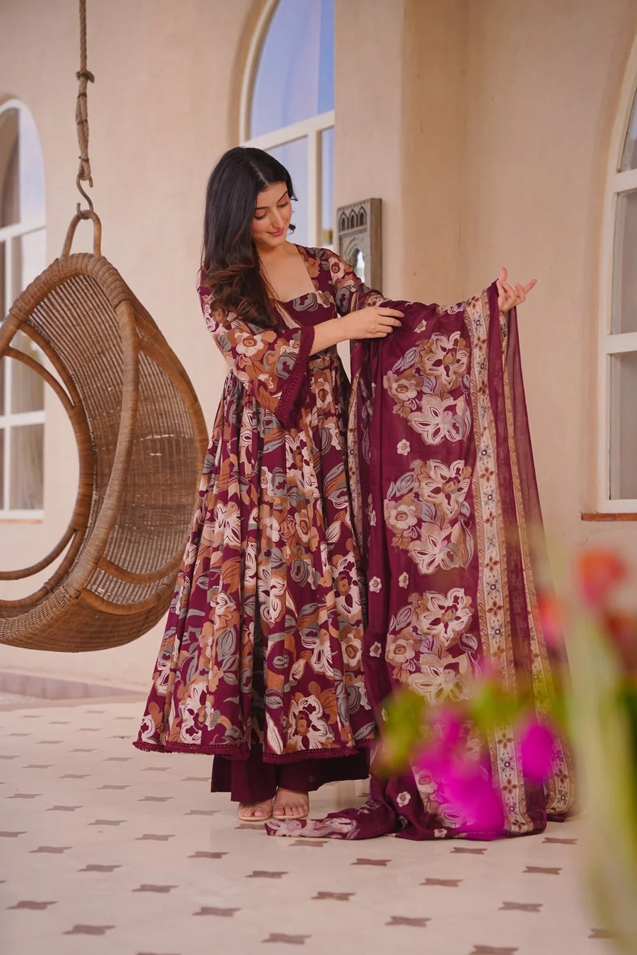 Women's Maroon Cotton Silk Floral Digital Print Anarkali Suit Set with Dupatta