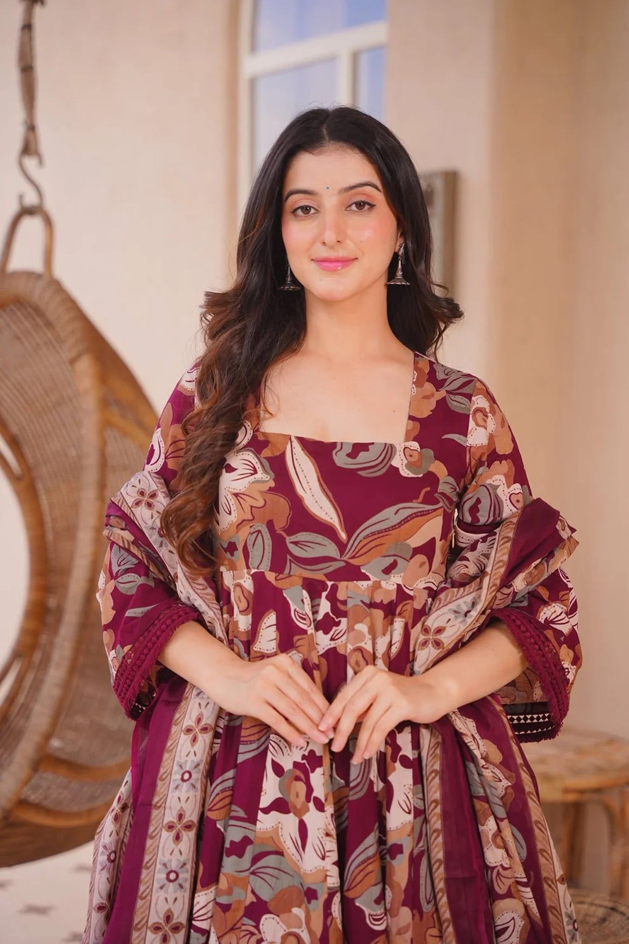 Women's Maroon Cotton Silk Floral Digital Print Anarkali Suit Set with Dupatta