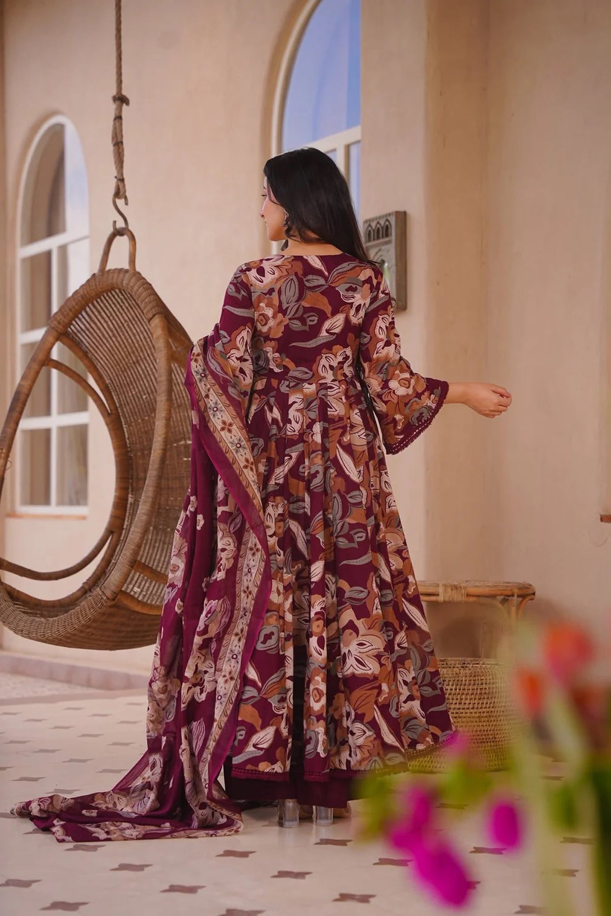 Women's Maroon Cotton Silk Floral Digital Print Anarkali Suit Set with Dupatta