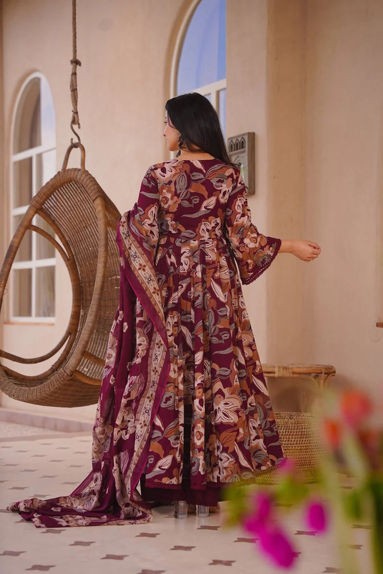 Women's Maroon Cotton Silk Floral Digital Print Anarkali Suit Set with Dupatta, photo 2