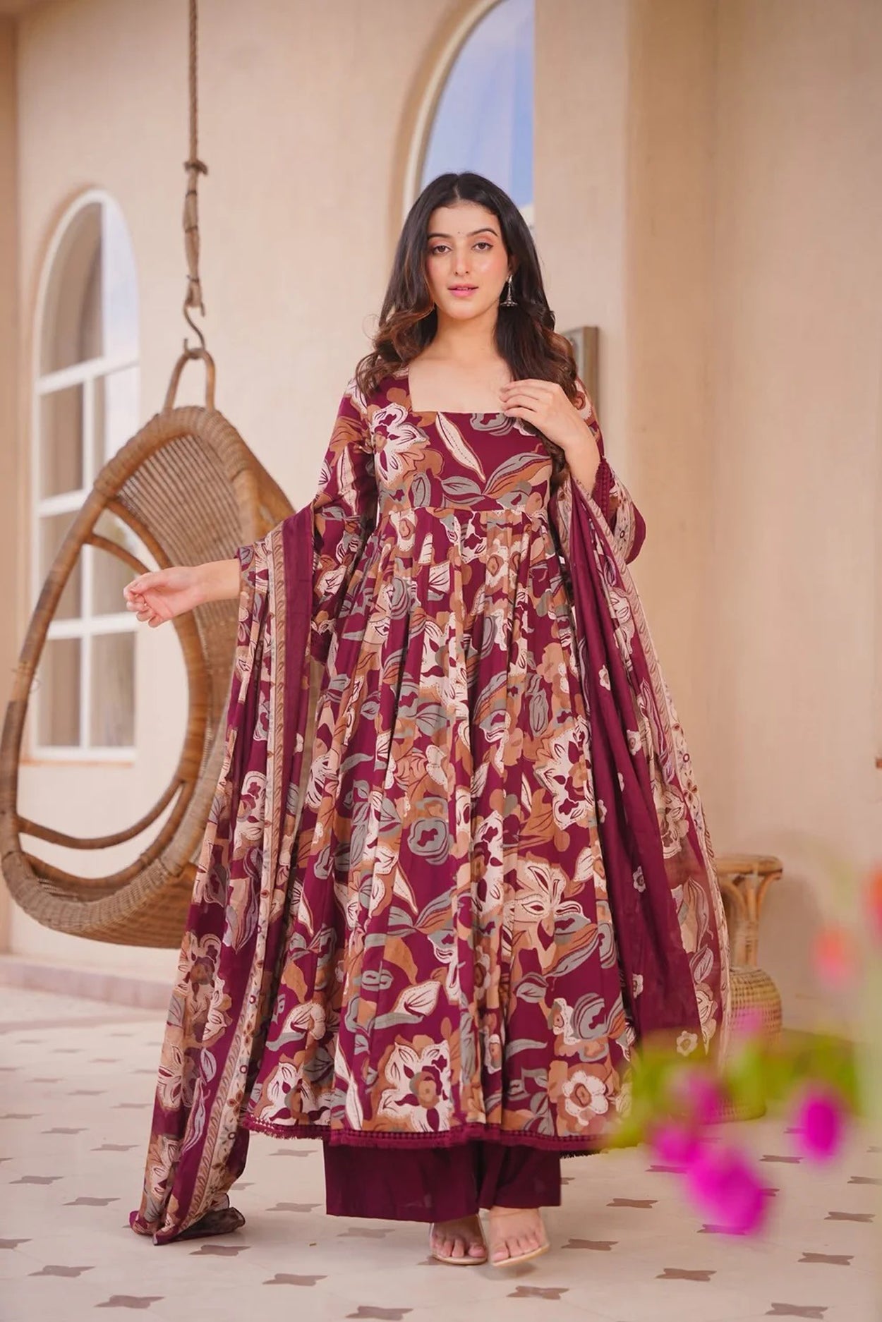 Women's Maroon Cotton Silk Floral Digital Print Anarkali Suit Set with Dupatta