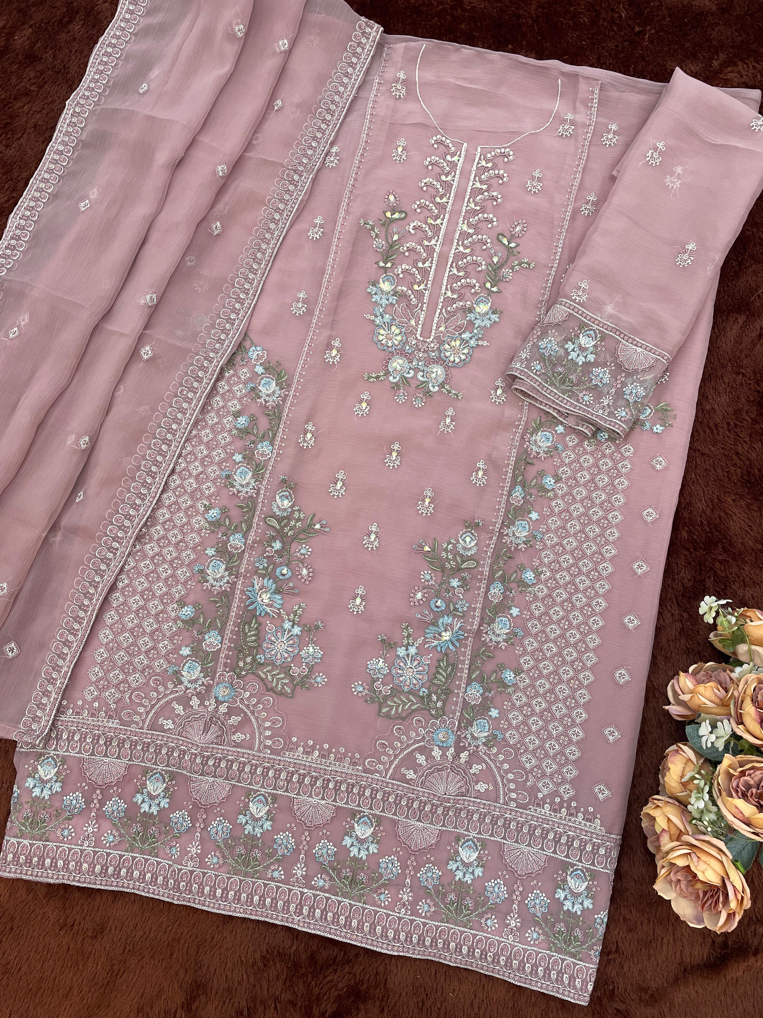 Mauve Chiffon Embroidered Salwar Suit with Chiffon Dupatta