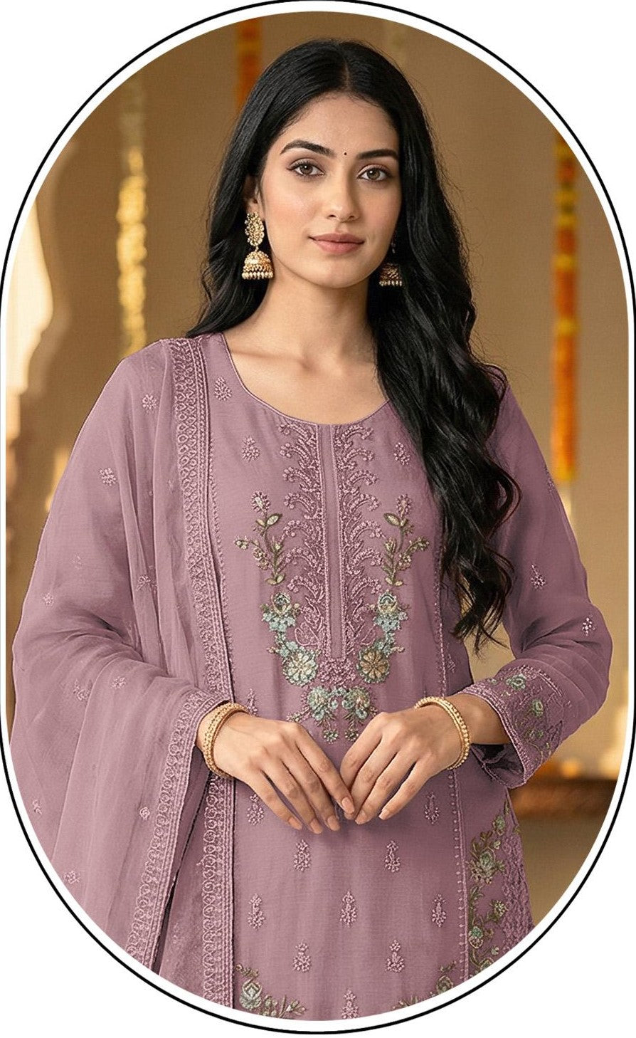 Mauve Chiffon Embroidered Salwar Suit with Chiffon Dupatta